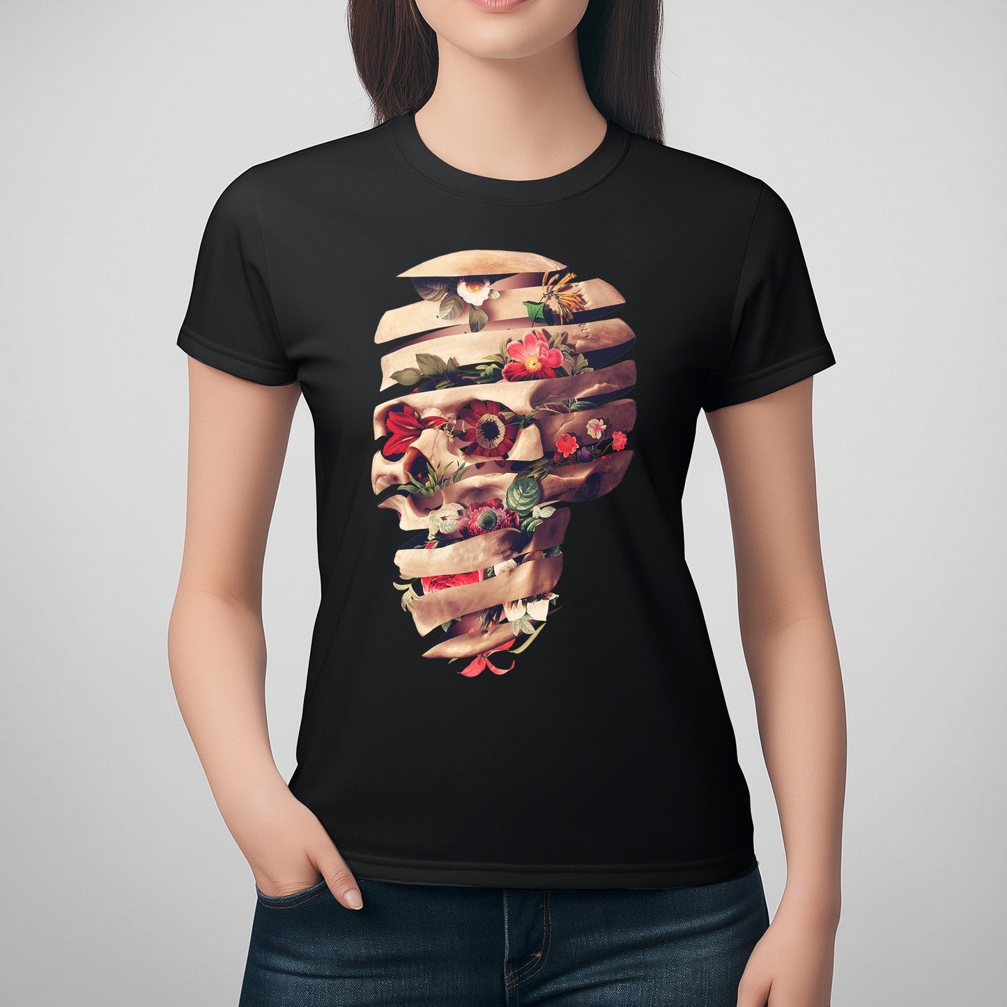 Floral Skull Womens Tee, Cool Graphic T-Shirt, Unique Gift For Her, Boho Chic Style Clothing, Halloween Fashion