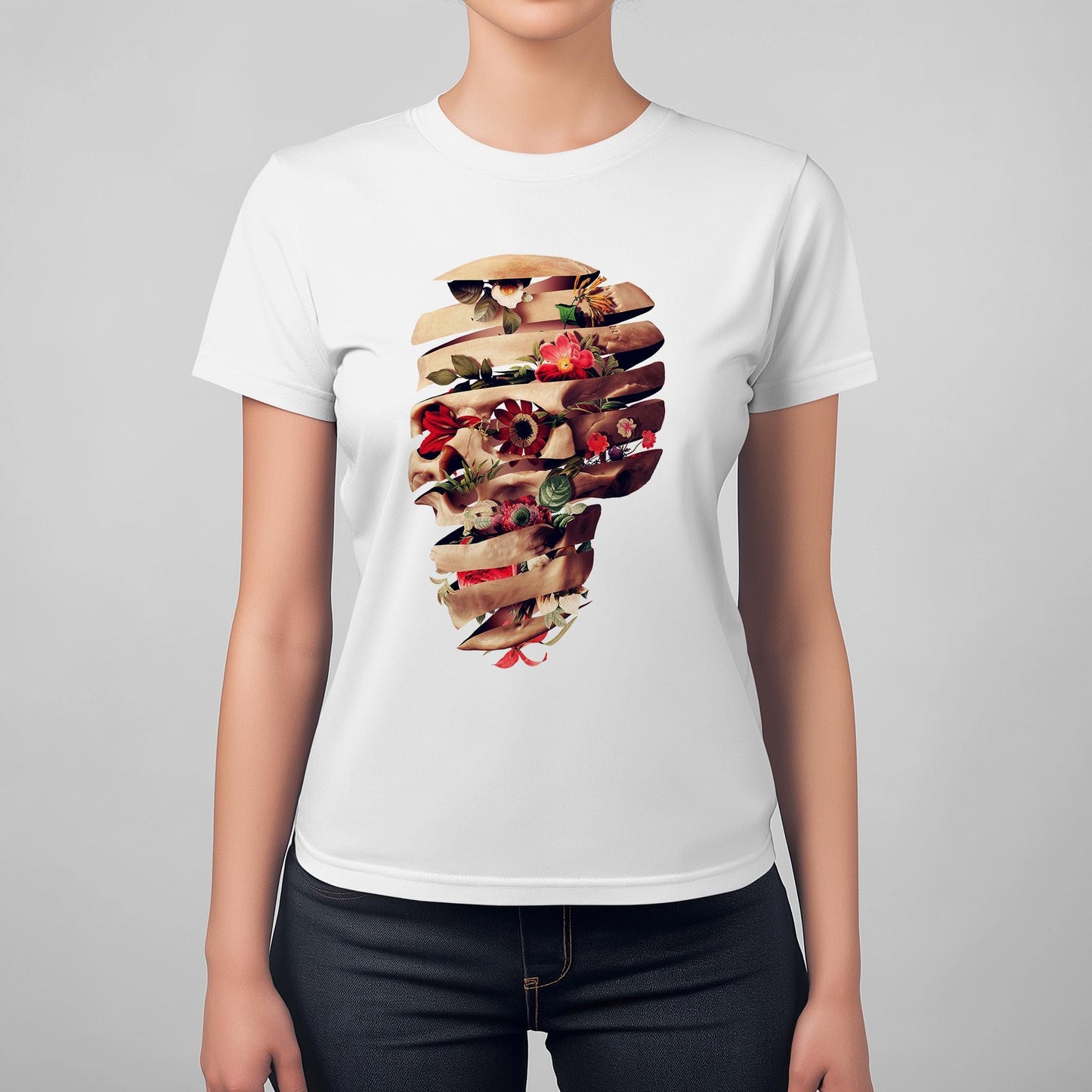 Floral Skull Womens Tee, Cool Graphic T-Shirt, Unique Gift For Her, Boho Chic Style Clothing, Halloween Fashion