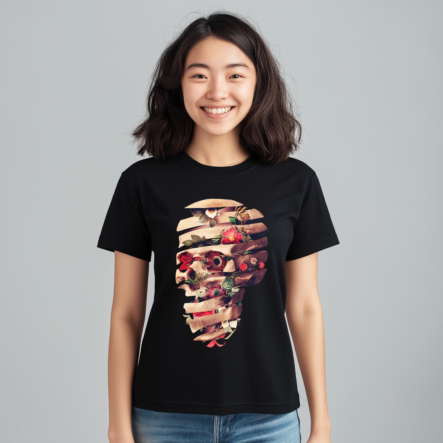 Floral Skull Womens Tee, Cool Graphic T-Shirt, Unique Gift For Her, Boho Chic Style Clothing, Halloween Fashion