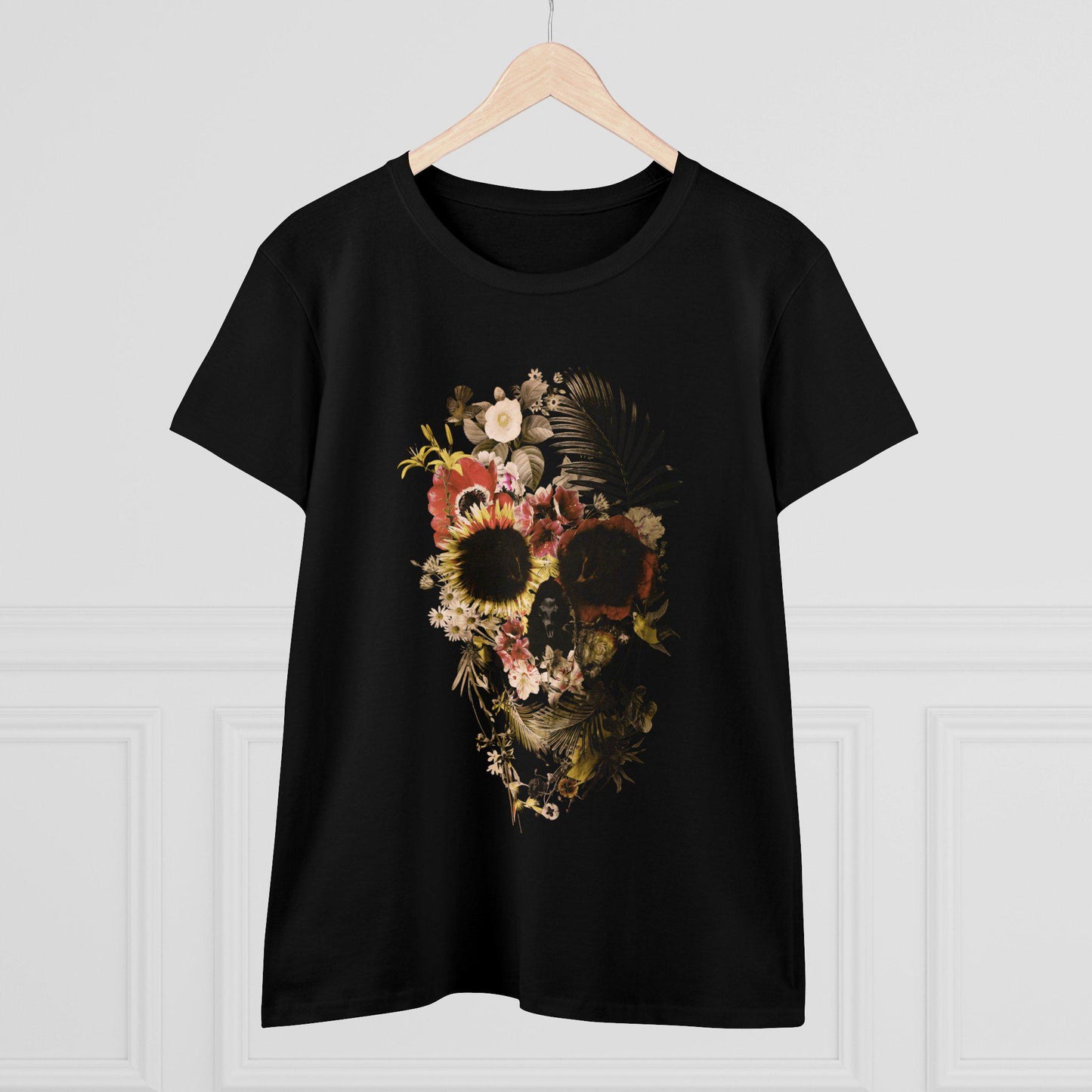 Floral Skull Graphic Tee, Boho Womens T-Shirt, Unique Skull Gift, Boho Chic Clothing, Halloween Fashion