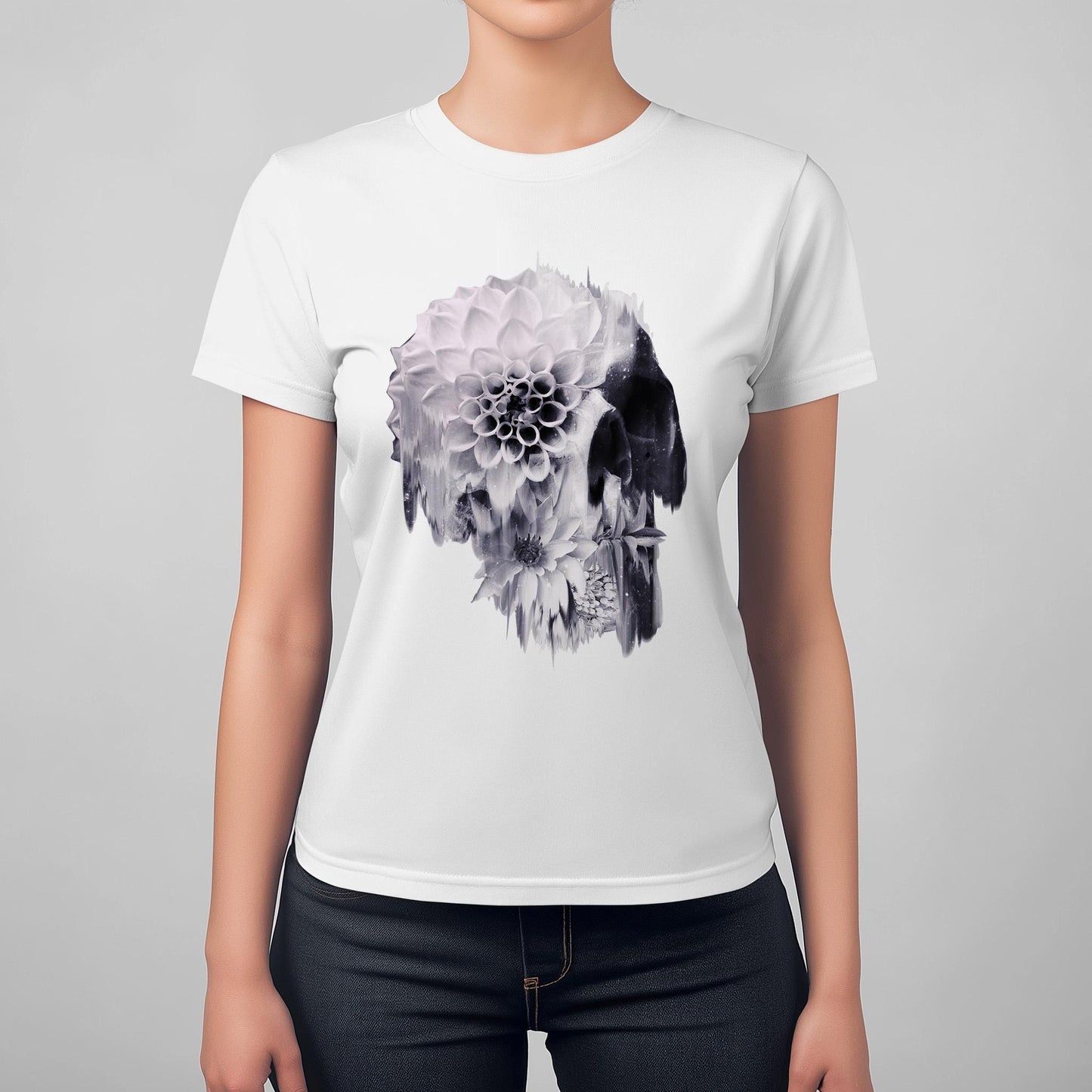Boho Skull Graphic Tee, Edgy Womens T-Shirt, Unique Skull Gift, Black And White Skull Gift For Her