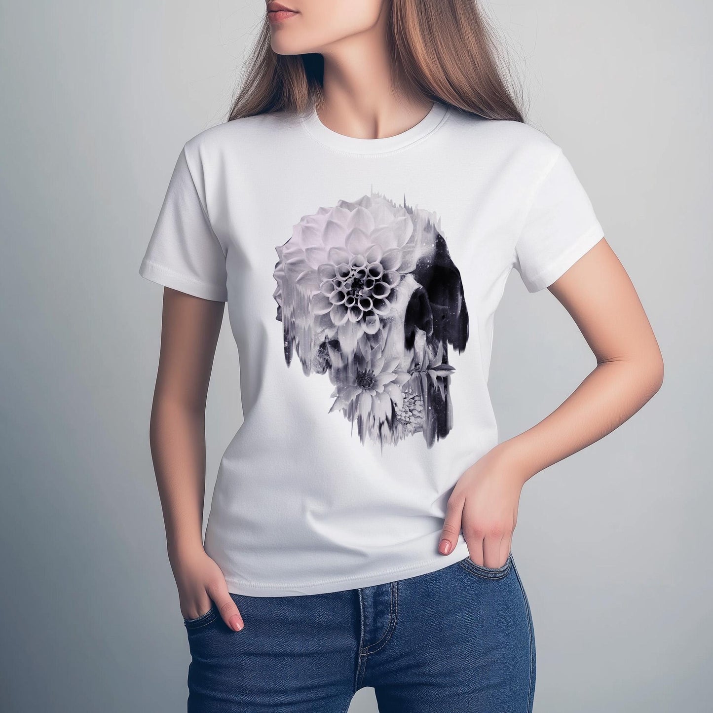 Boho Skull Graphic Tee, Edgy Womens T-Shirt, Unique Skull Gift, Black And White Skull Gift For Her