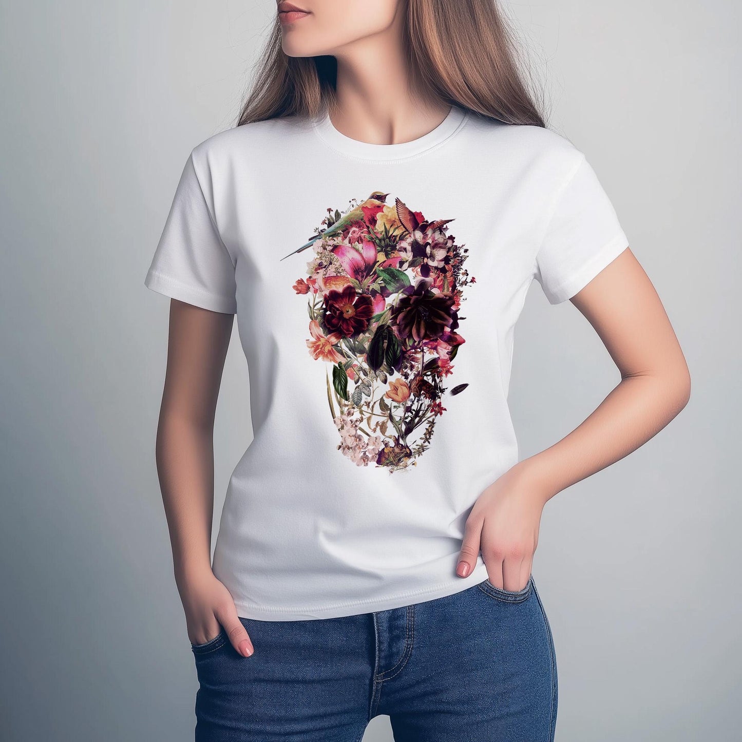 Floral Skull T-Shirt - Gothic Aesthetic Tee - Women’s Dark Floral Shirt - Alternative Skull Print - Vintage Skull Gift