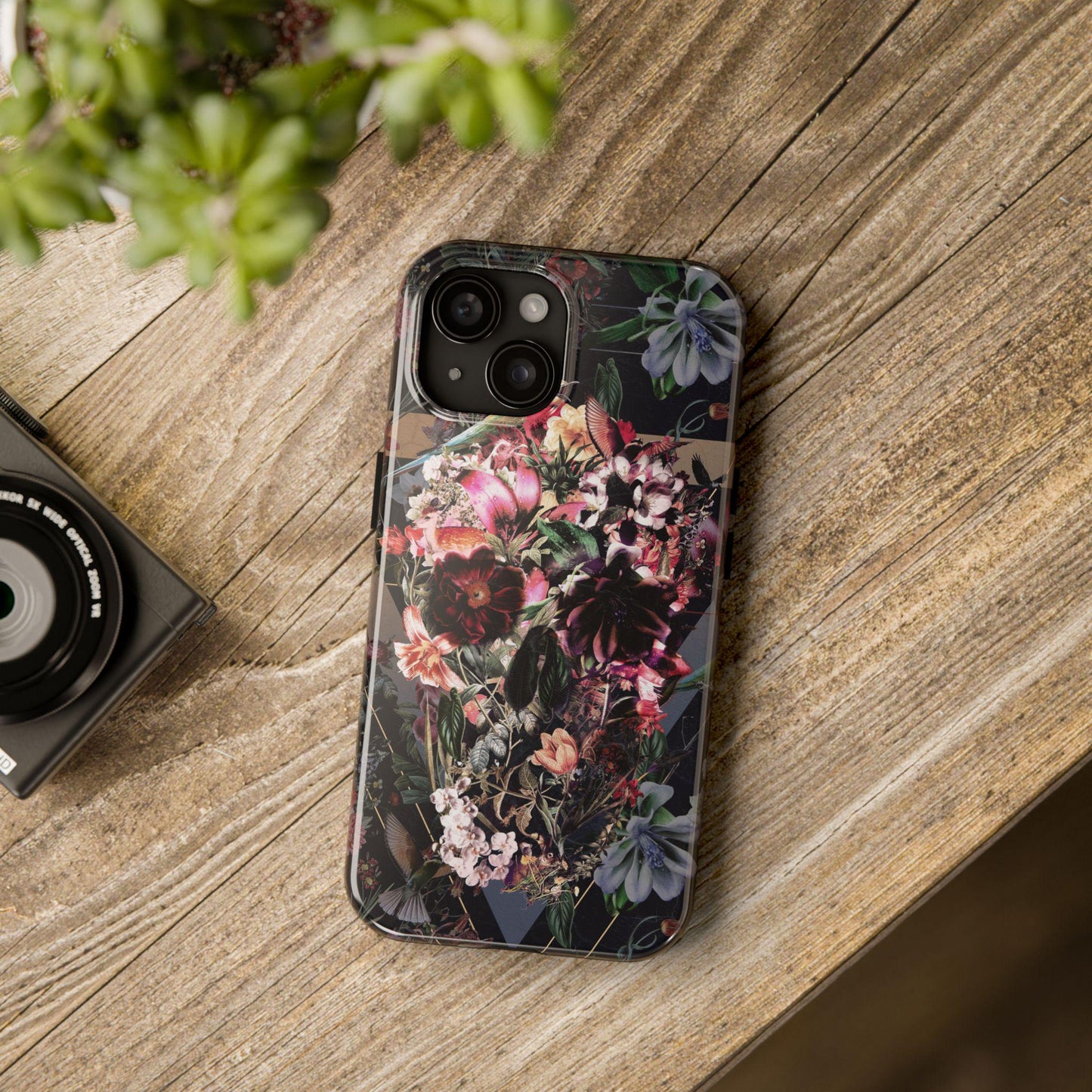 Skull Phone Case, Tough Phone Cover with Dark Floral Print, Gothic Accessories, Alternative Phone Shell, Edgy Cell Phone Protector