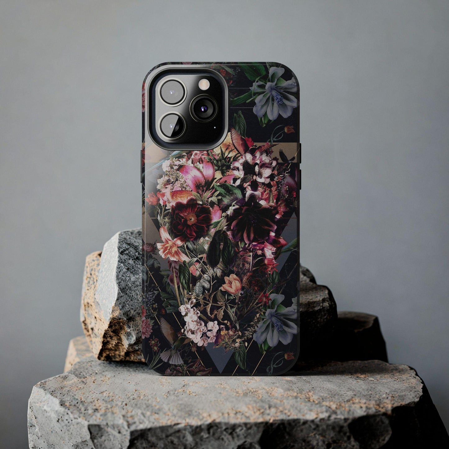 Skull Phone Case, Tough Phone Cover with Dark Floral Print, Gothic Accessories, Alternative Phone Shell, Edgy Cell Phone Protector