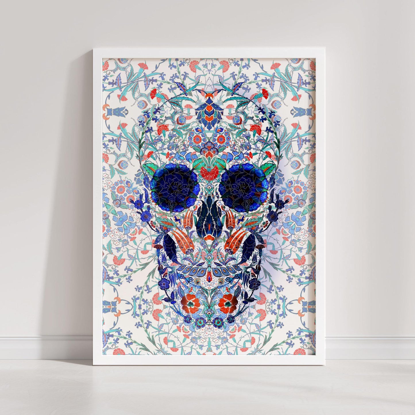 Traditional Tile Skull Print - Blue and White Skull Art - Ceramic Inspired Wall Decor - Gothic Patterned Skull - Canvas & Framed Poster