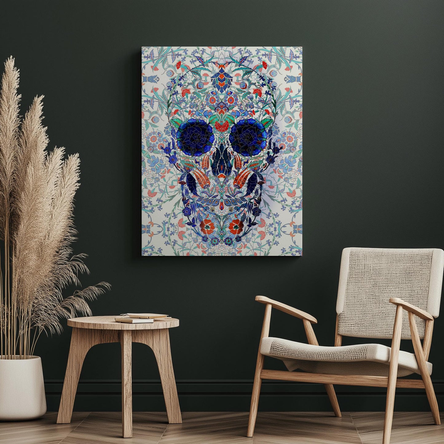 Traditional Tile Skull Print - Blue and White Skull Art - Ceramic Inspired Wall Decor - Gothic Patterned Skull - Canvas & Framed Poster