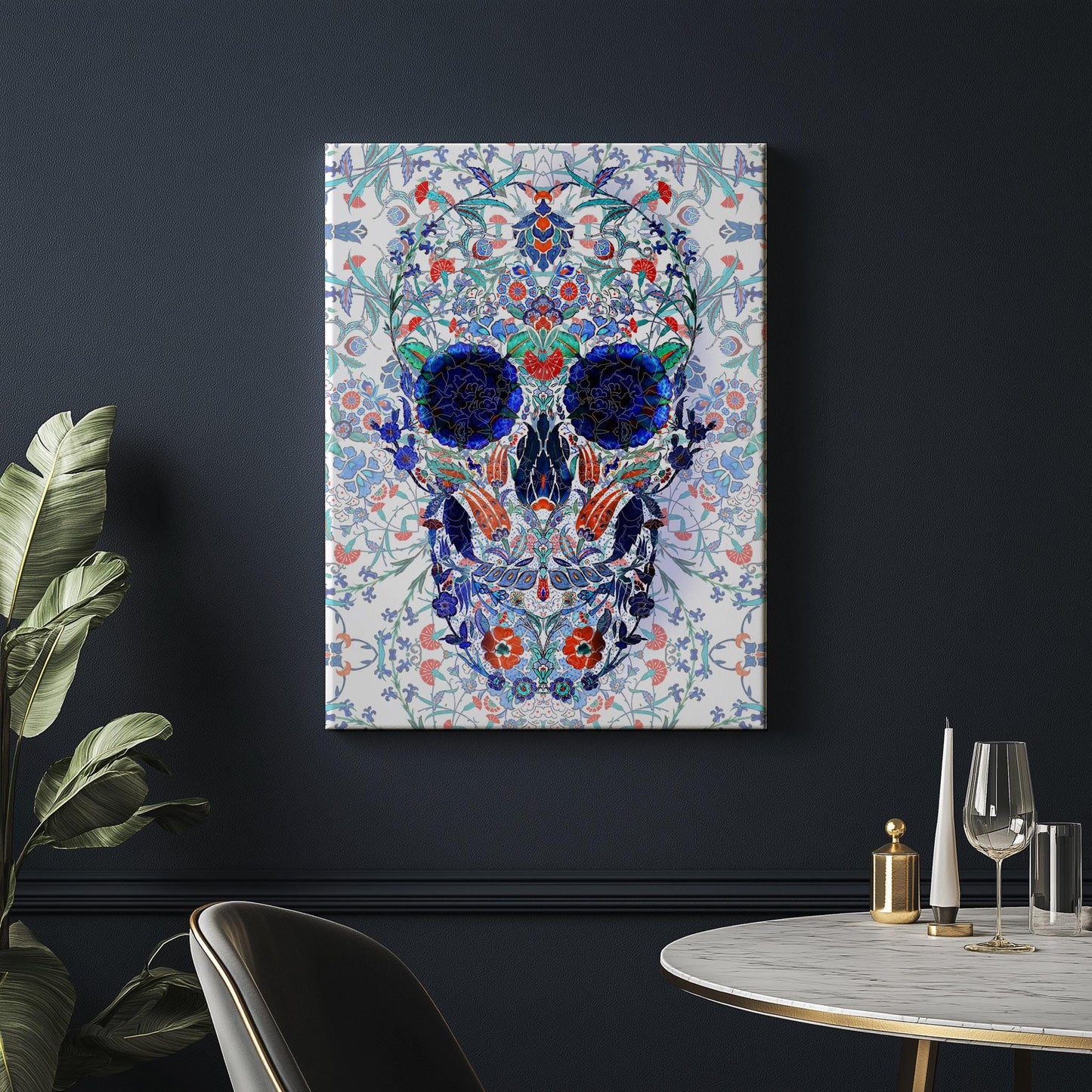 Traditional Tile Skull Print - Blue and White Skull Art - Ceramic Inspired Wall Decor - Gothic Patterned Skull - Canvas & Framed Poster