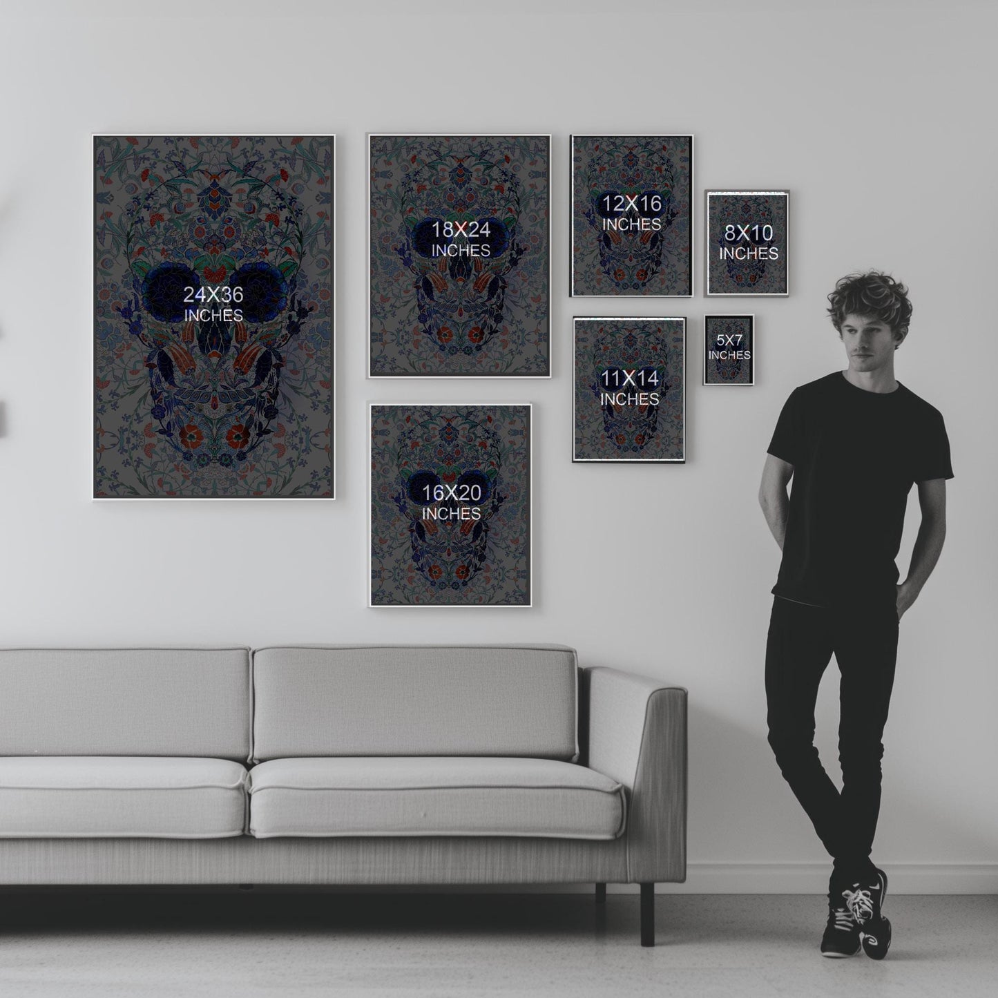 Traditional Tile Skull Print - Blue and White Skull Art - Ceramic Inspired Wall Decor - Gothic Patterned Skull - Canvas & Framed Poster