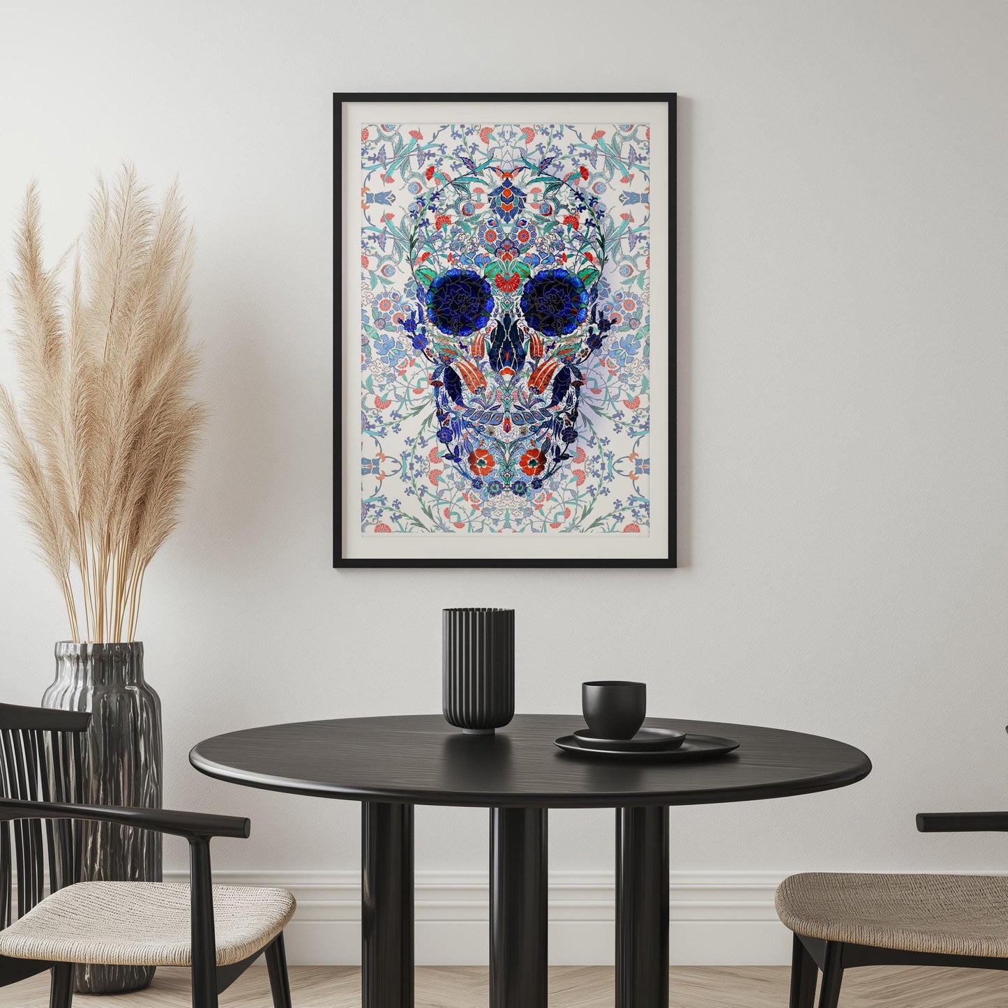 Traditional Tile Skull Print - Blue and White Skull Art - Ceramic Inspired Wall Decor - Gothic Patterned Skull - Canvas & Framed Poster
