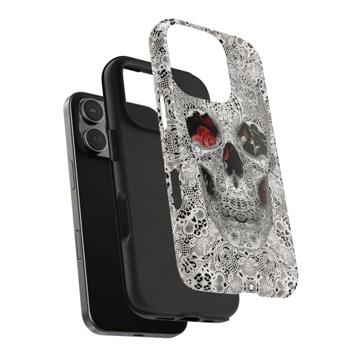 Skull Lace Tough Phone Case, Black and White Pattern, Gothic iPhone Cover, Unique Skeleton Art, Edgy Phone Protection