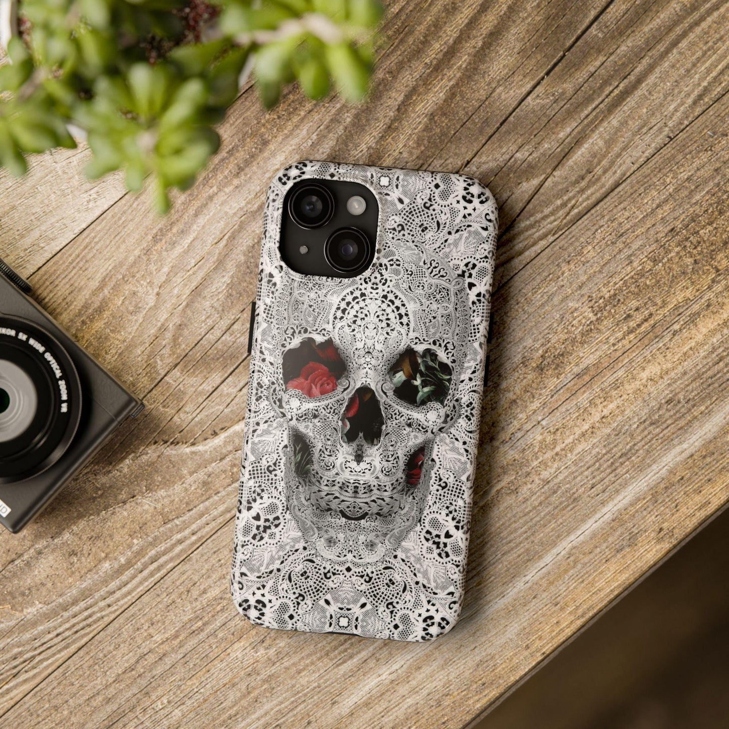 Skull Lace Tough Phone Case, Black and White Pattern, Gothic iPhone Cover, Unique Skeleton Art, Edgy Phone Protection