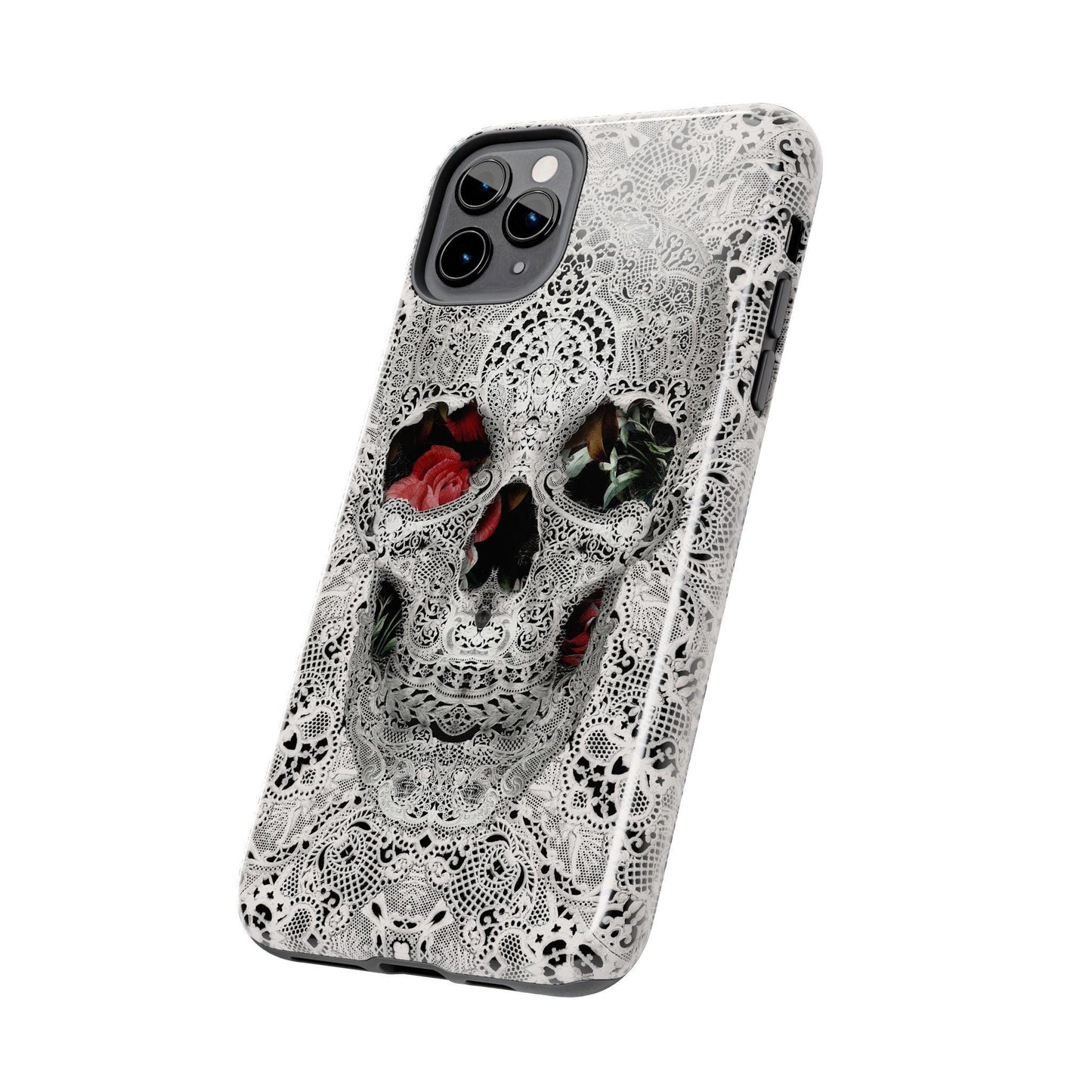 Skull Lace Tough Phone Case, Black and White Pattern, Gothic iPhone Cover, Unique Skeleton Art, Edgy Phone Protection