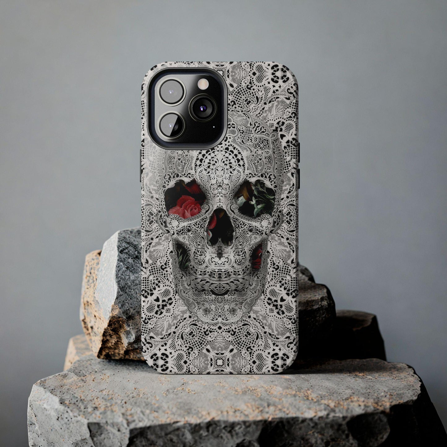 Skull Lace Tough Phone Case, Black and White Pattern, Gothic iPhone Cover, Unique Skeleton Art, Edgy Phone Protection