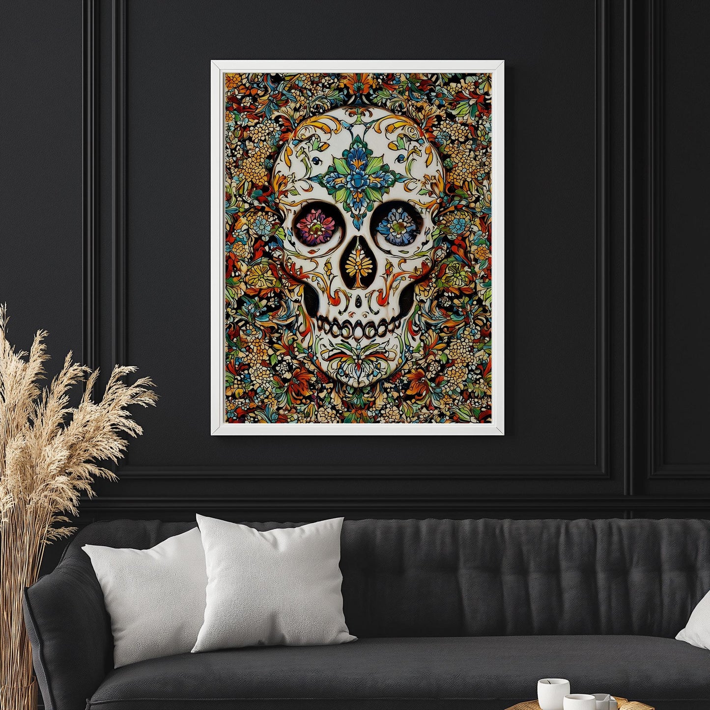 Floral Skull Print - Colorful Traditional Patterned Skull Art - Vintage Botanical Wall Decor - Gothic Floral Poster - Canvas & Framed Print
