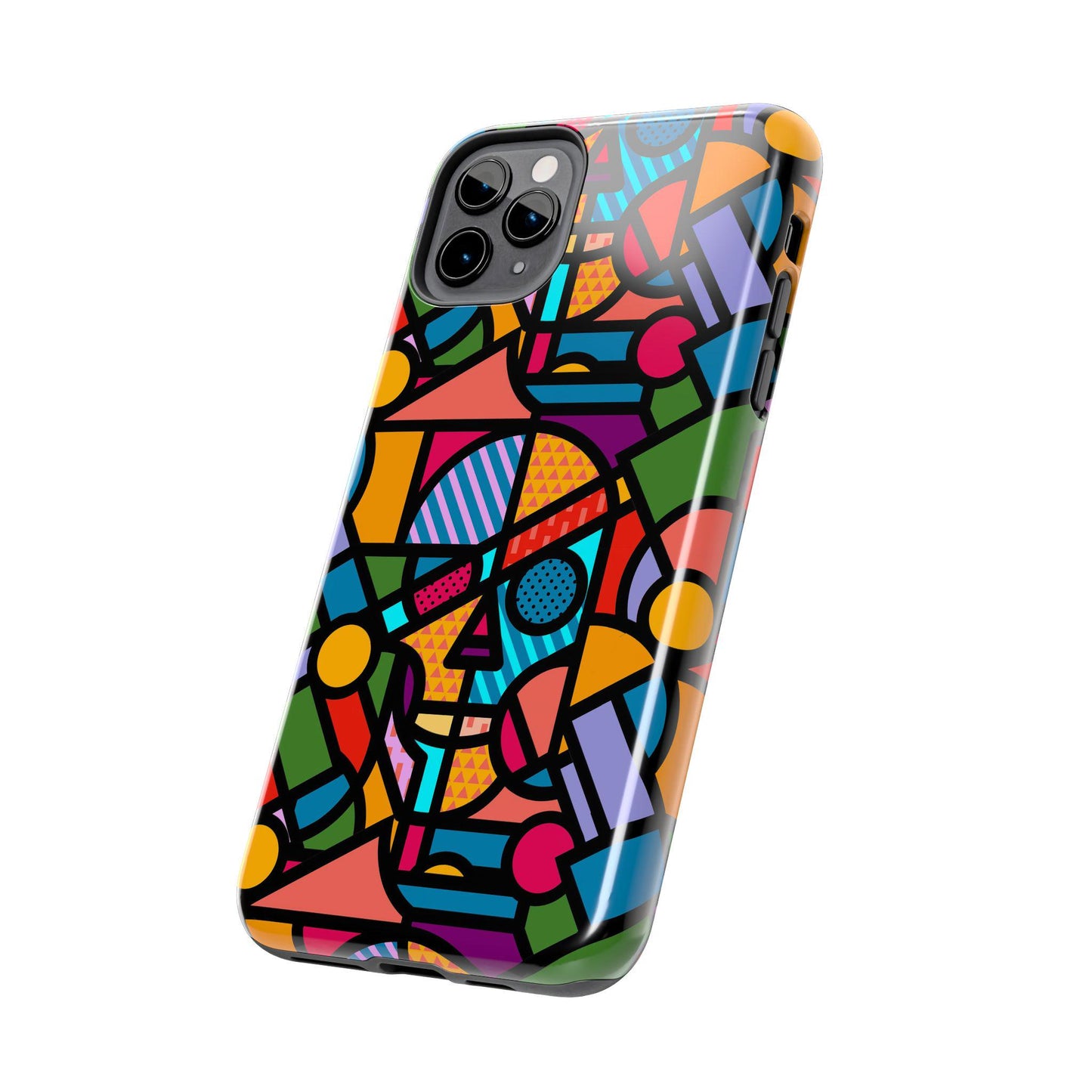 Geometric Skull Tough Phone Case, Colorful Pop Art Pattern, Protective Phone Cover, Unique Phone Accessory, Trendy Phone Case, Cool Phone