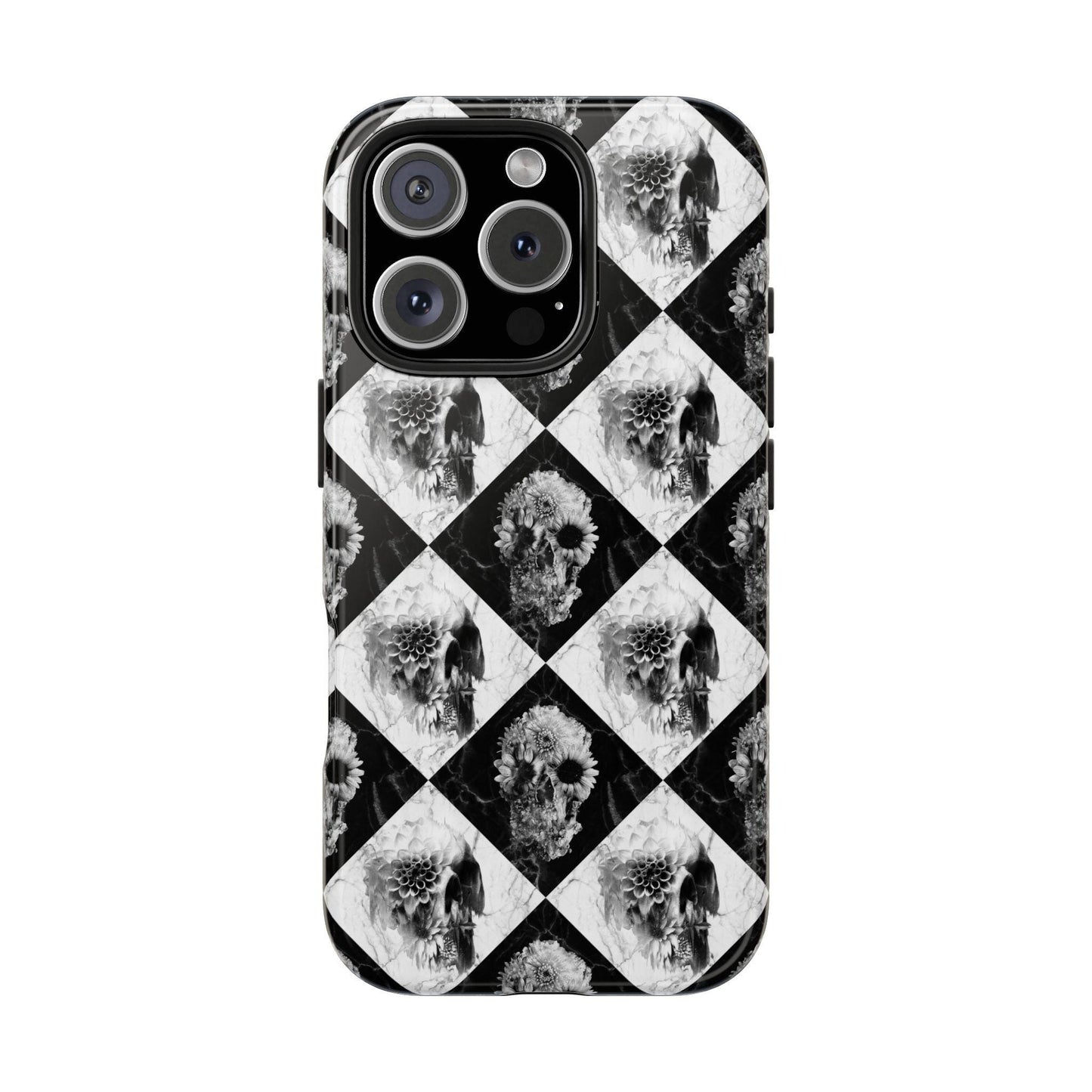Checker Floral Skull Tough Phone Case, Black White Checkerboard Design, Protective Cellphone Cover, Gothic Skull Pattern, Hard Shell Phone
