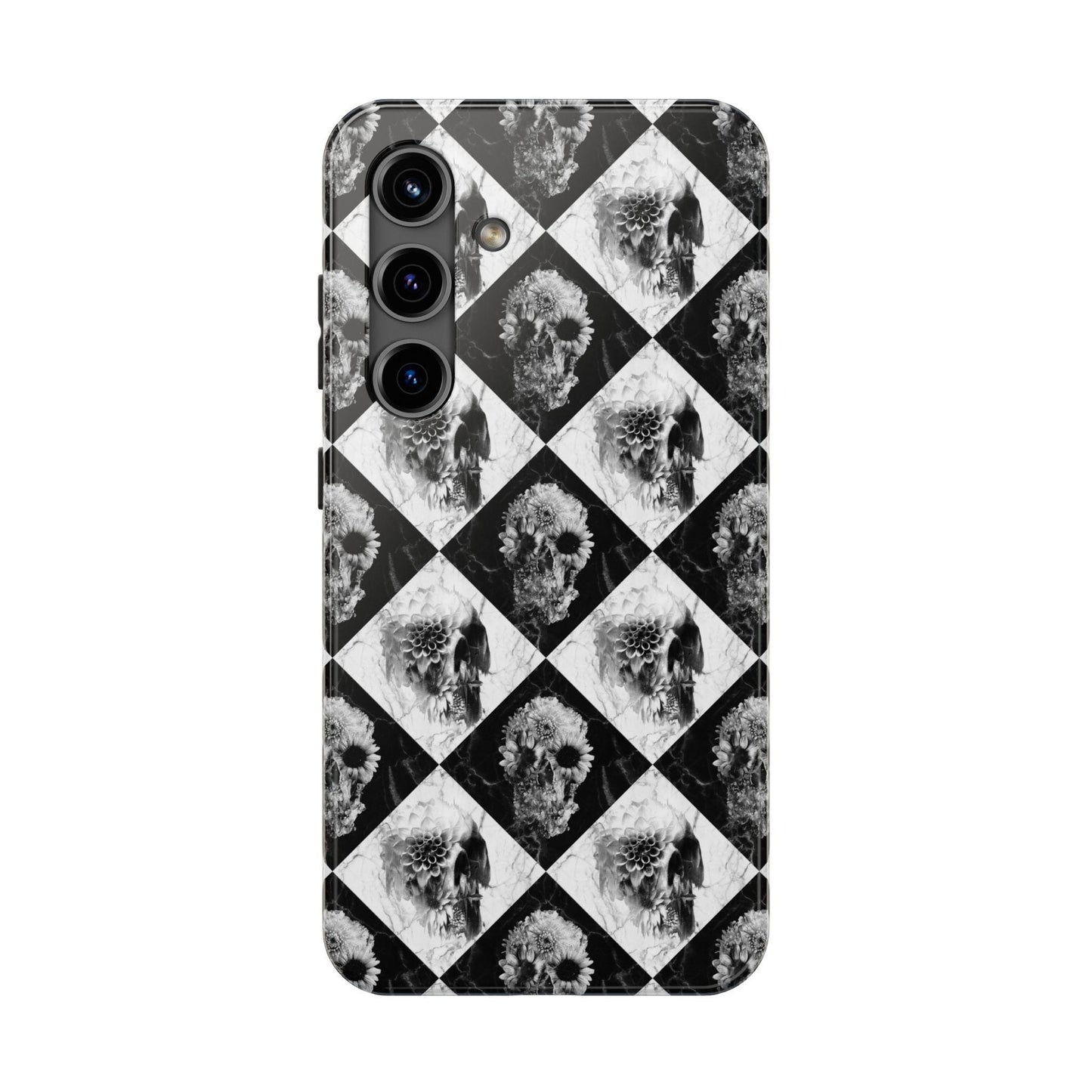 Checker Floral Skull Tough Phone Case, Black White Checkerboard Design, Protective Cellphone Cover, Gothic Skull Pattern, Hard Shell Phone