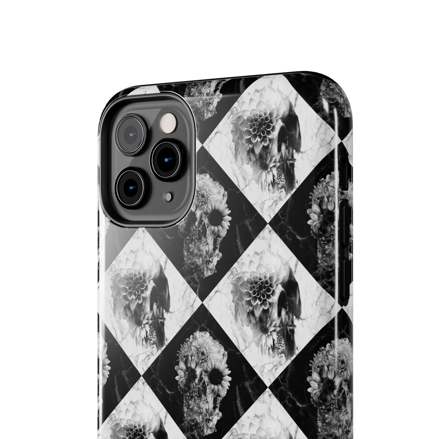 Checker Floral Skull Tough Phone Case, Black White Checkerboard Design, Protective Cellphone Cover, Gothic Skull Pattern, Hard Shell Phone