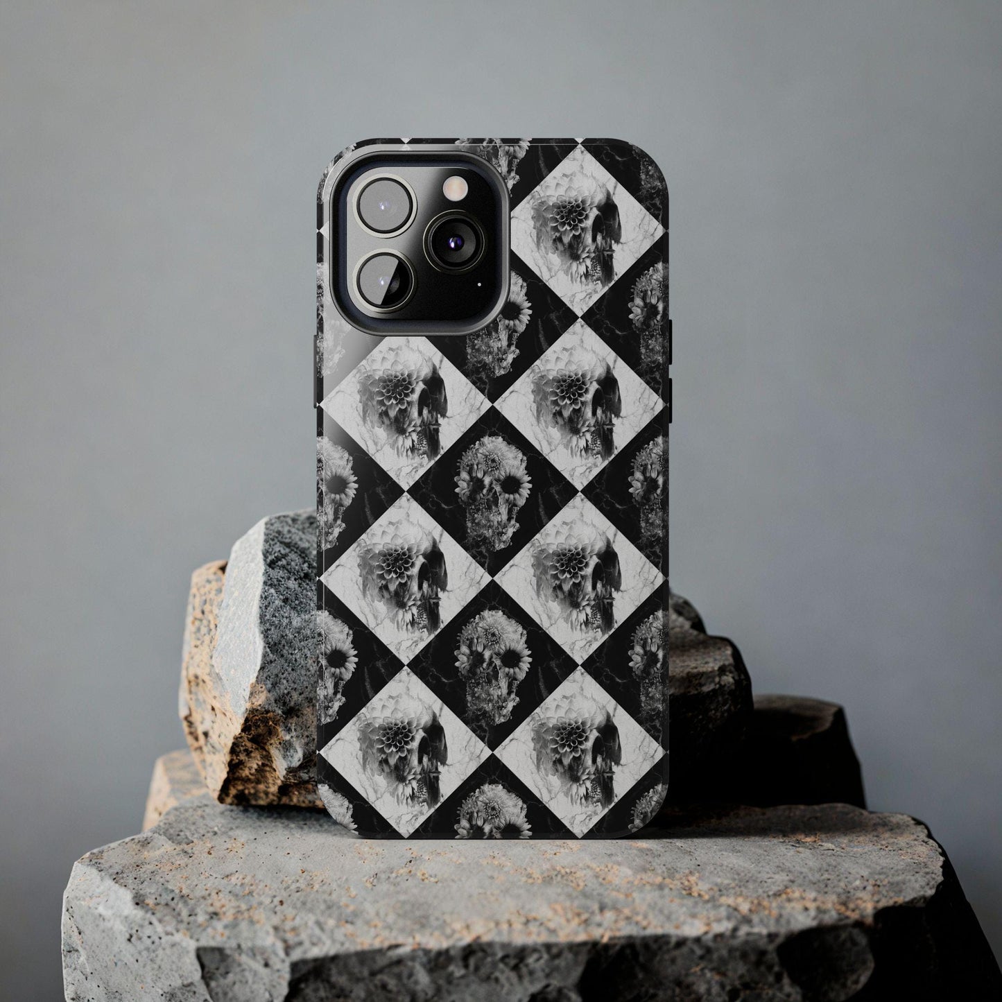 Checker Floral Skull Tough Phone Case, Black White Checkerboard Design, Protective Cellphone Cover, Gothic Skull Pattern, Hard Shell Phone