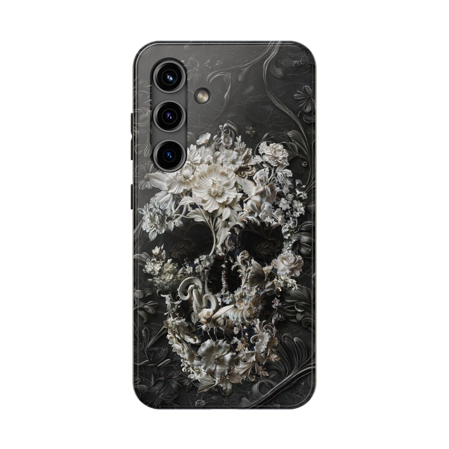 Marble Skull Art Tough Phone Cases, Boho Flower Skull Case, Bohemian Mood, Protective Smartphone Cover