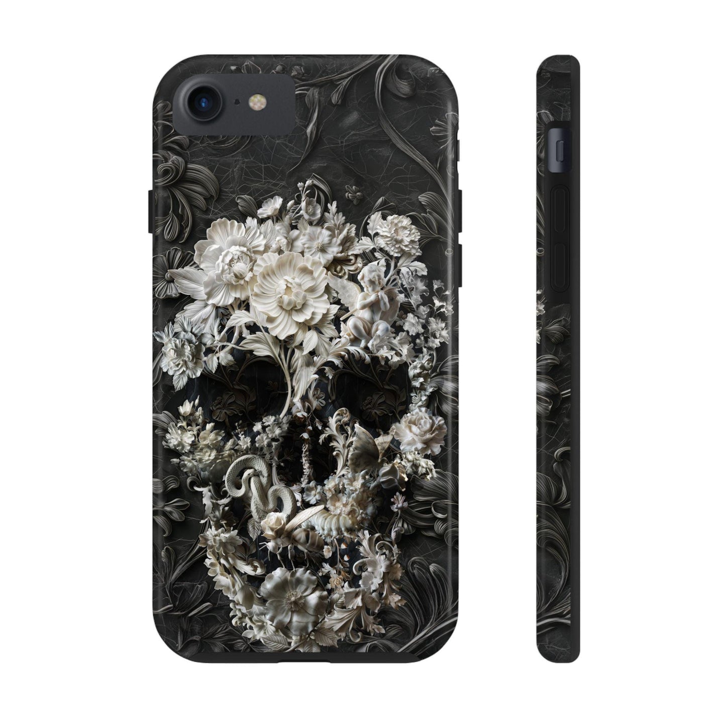 Marble Skull Art Tough Phone Cases, Boho Flower Skull Case, Bohemian Mood, Protective Smartphone Cover