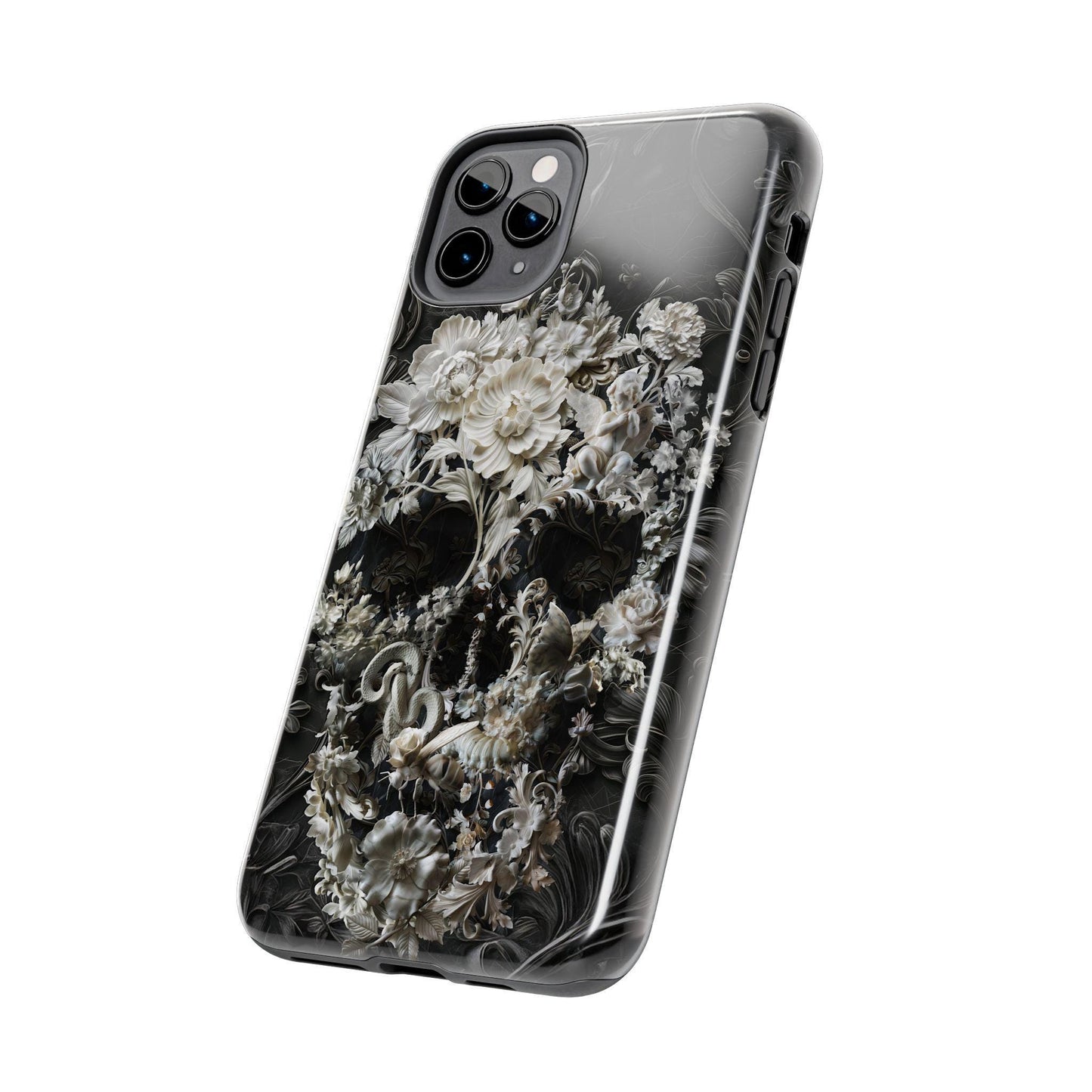 Marble Skull Art Tough Phone Cases, Boho Flower Skull Case, Bohemian Mood, Protective Smartphone Cover