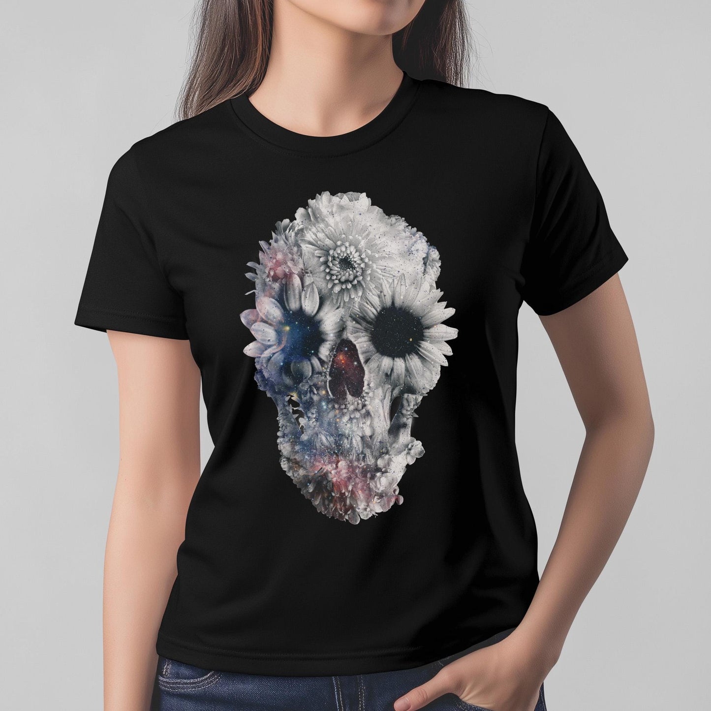 Boho Skull Graphic Tee, Edgy Womens T-Shirt, Unique Skull Gift, Boho Chic Attire, Halloween Fashion