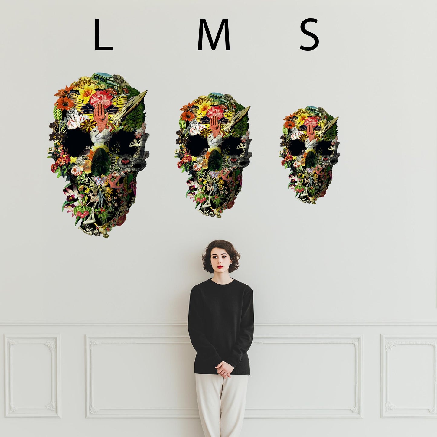Large Size Wall Decal, Skull Wall Sticker, Floral Skull Wall Art Decor, Skull Art Gift