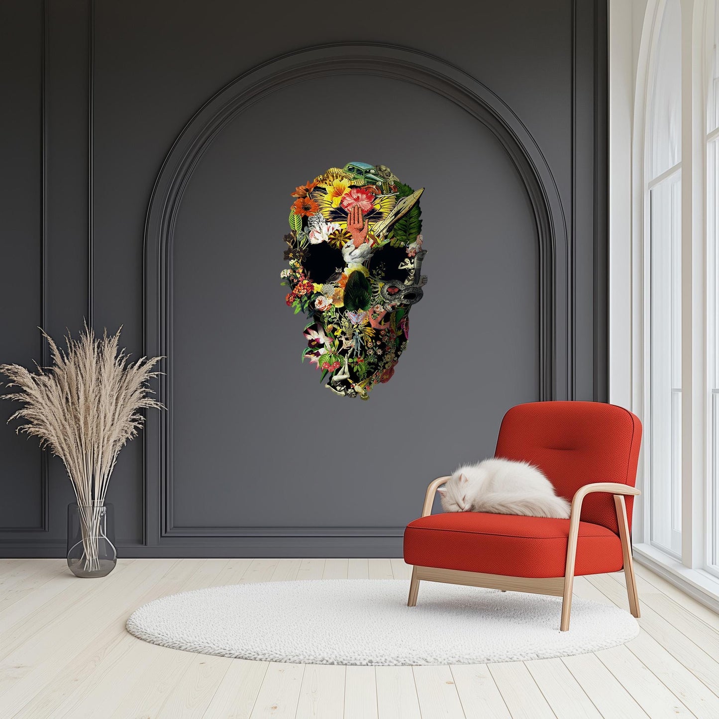 Large Size Wall Decal, Skull Wall Sticker, Floral Skull Wall Art Decor, Skull Art Gift