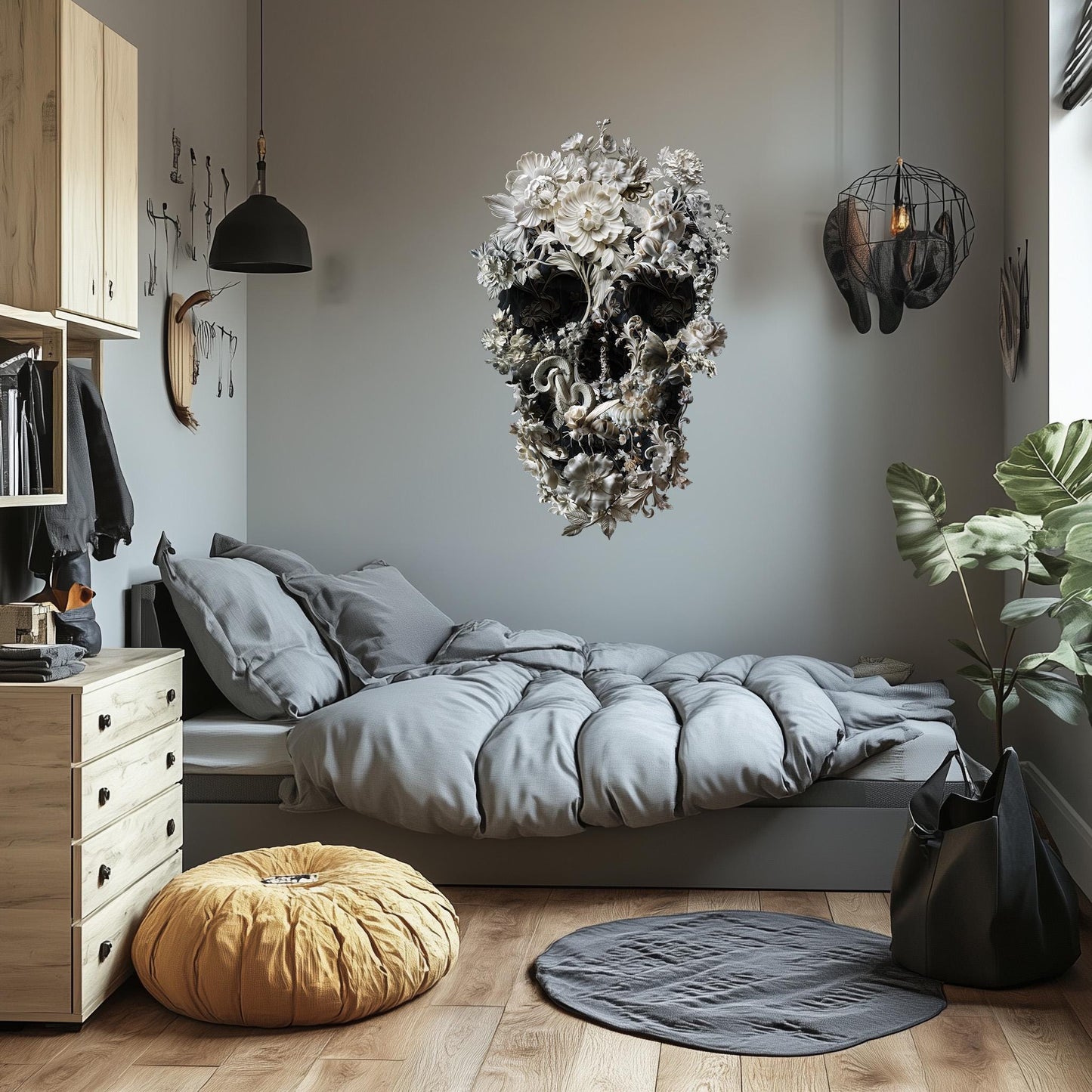 Extra Large Wall Decal, Floral Skull Wall Sticker, Gothic Skull Wall Art, Large Skull Sticker Decor