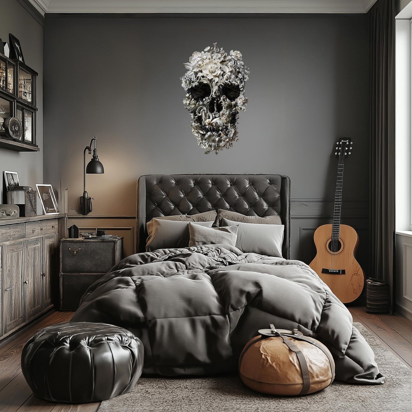 Extra Large Wall Decal, Floral Skull Wall Sticker, Gothic Skull Wall Art, Large Skull Sticker Decor