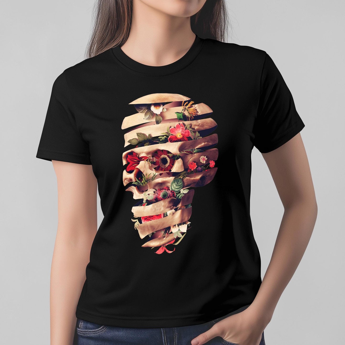 Floral Skull Womens Tee, Cool Graphic T-Shirt, Unique Gift For Her, Boho Chic Style Clothing, Halloween Fashion