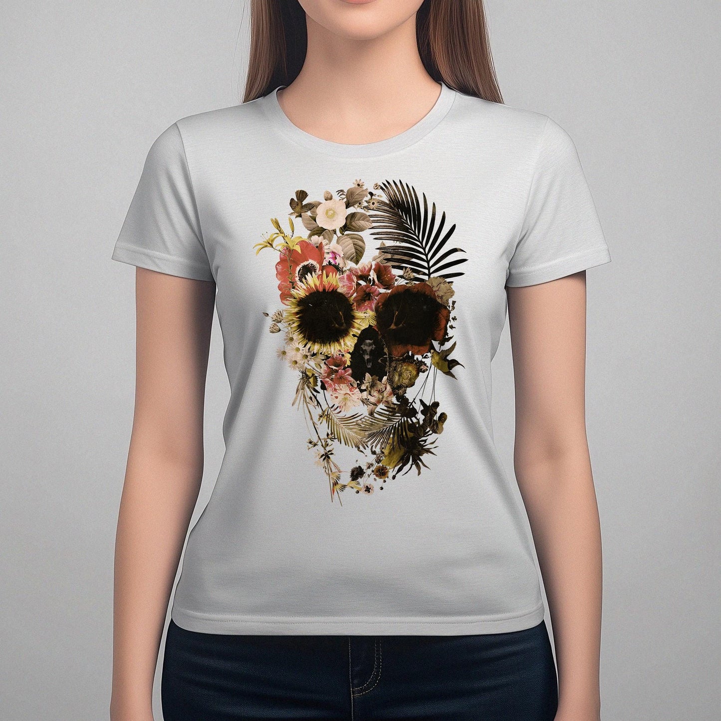 Floral Skull Graphic Tee, Boho Womens T-Shirt, Unique Skull Gift, Boho Chic Clothing, Halloween Fashion