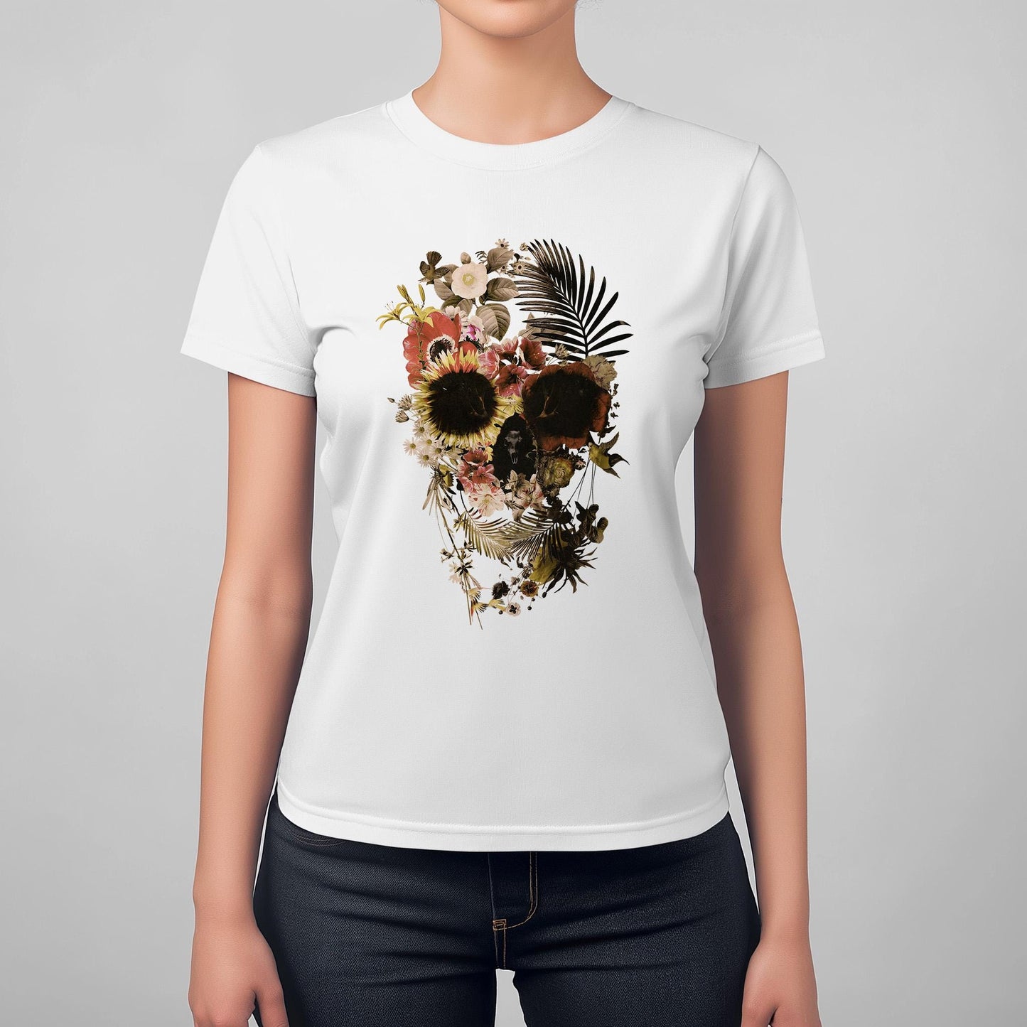 Floral Skull Graphic Tee, Boho Womens T-Shirt, Unique Skull Gift, Boho Chic Clothing, Halloween Fashion