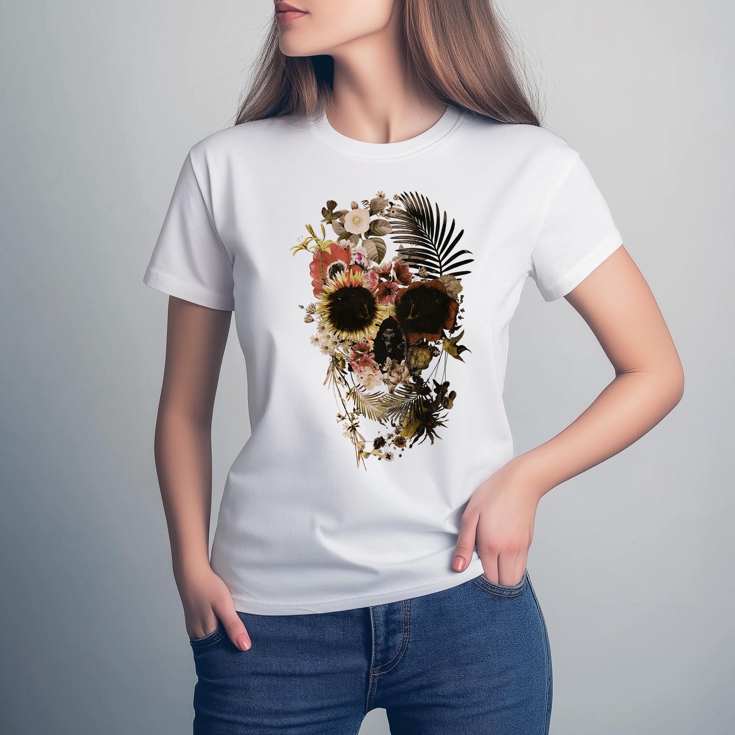 Floral Skull Graphic Tee, Boho Womens T-Shirt, Unique Skull Gift, Boho Chic Clothing, Halloween Fashion