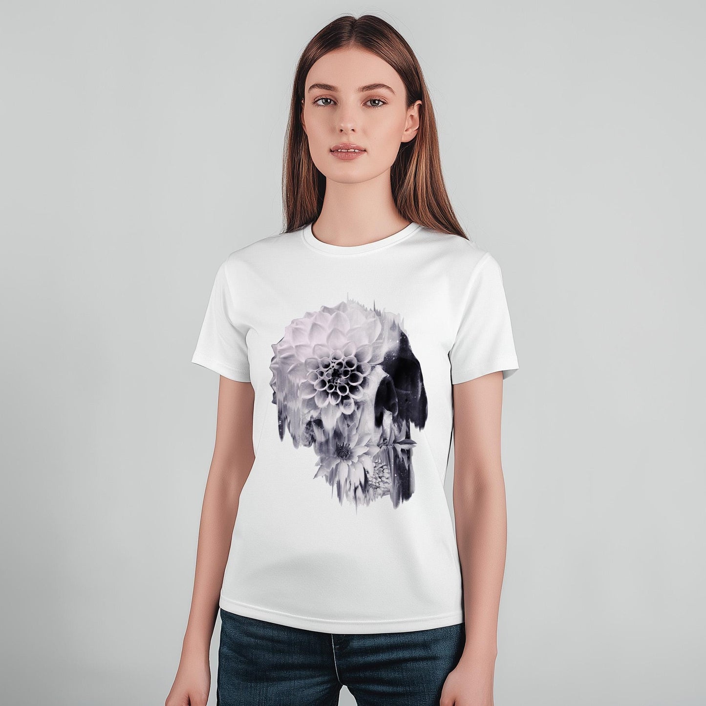 Boho Skull Graphic Tee, Edgy Womens T-Shirt, Unique Skull Gift, Black And White Skull Gift For Her