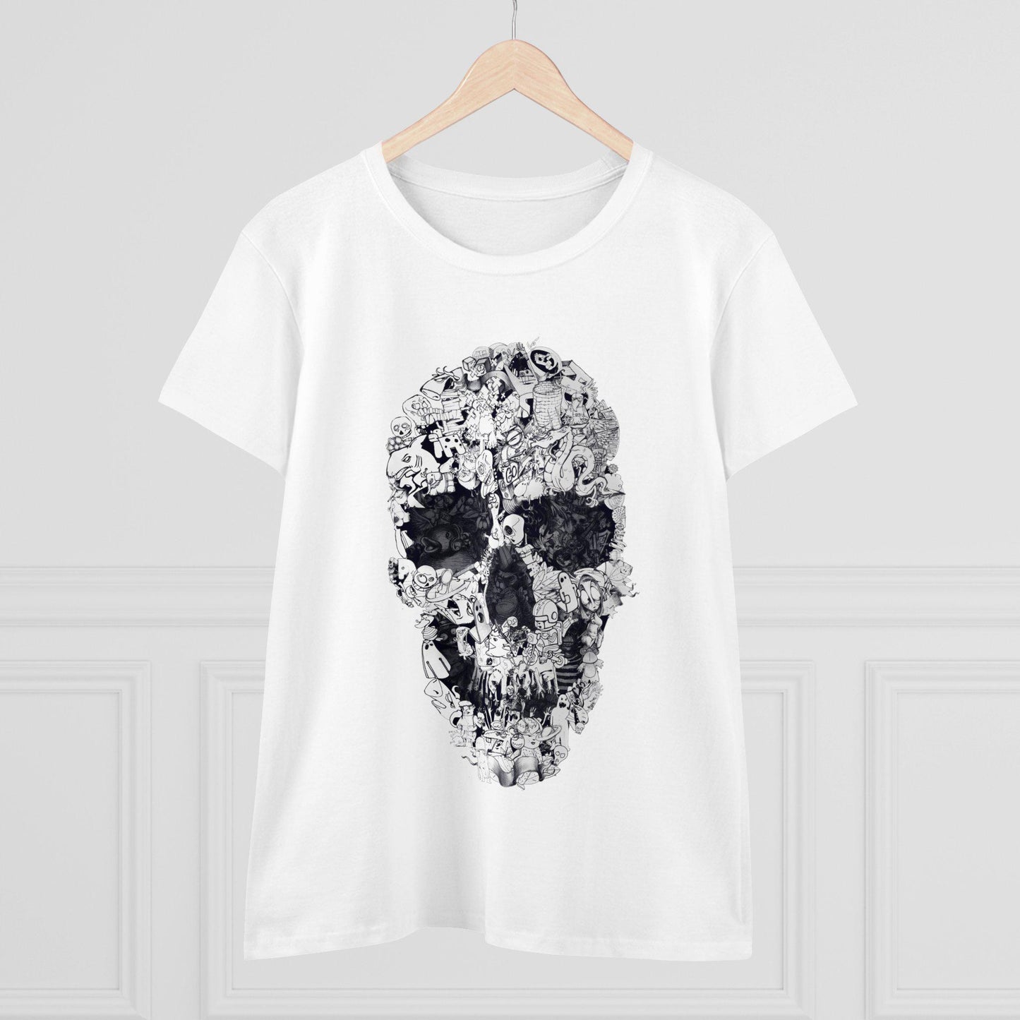 Skull Drawing Tee, Womens Skull T-Shirt, Unique Skull Gift, Black And White Skull Gift For Her