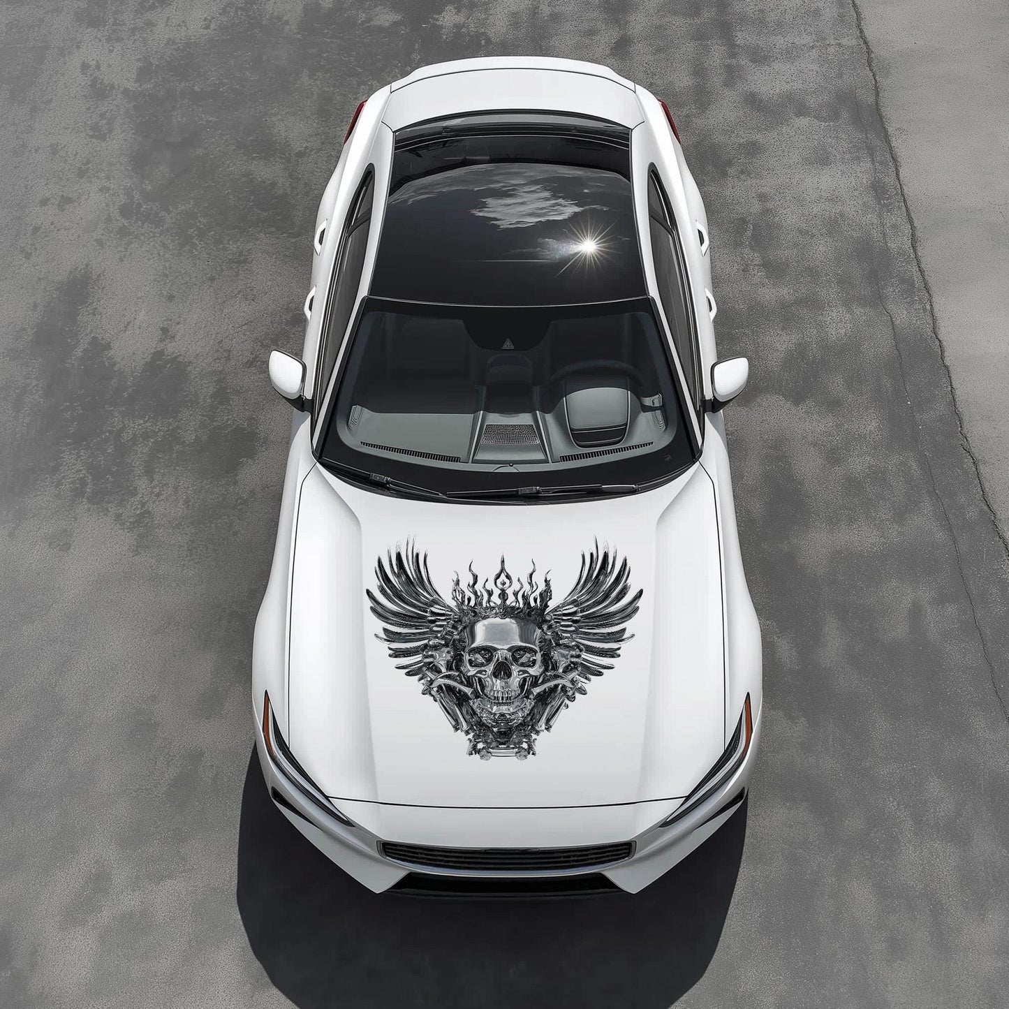 Dark Skull Hood Decal, Chrome Tones Hood Decor, Sugar Skull Art Car Sticker, Gothic Skull Hood Art Gift