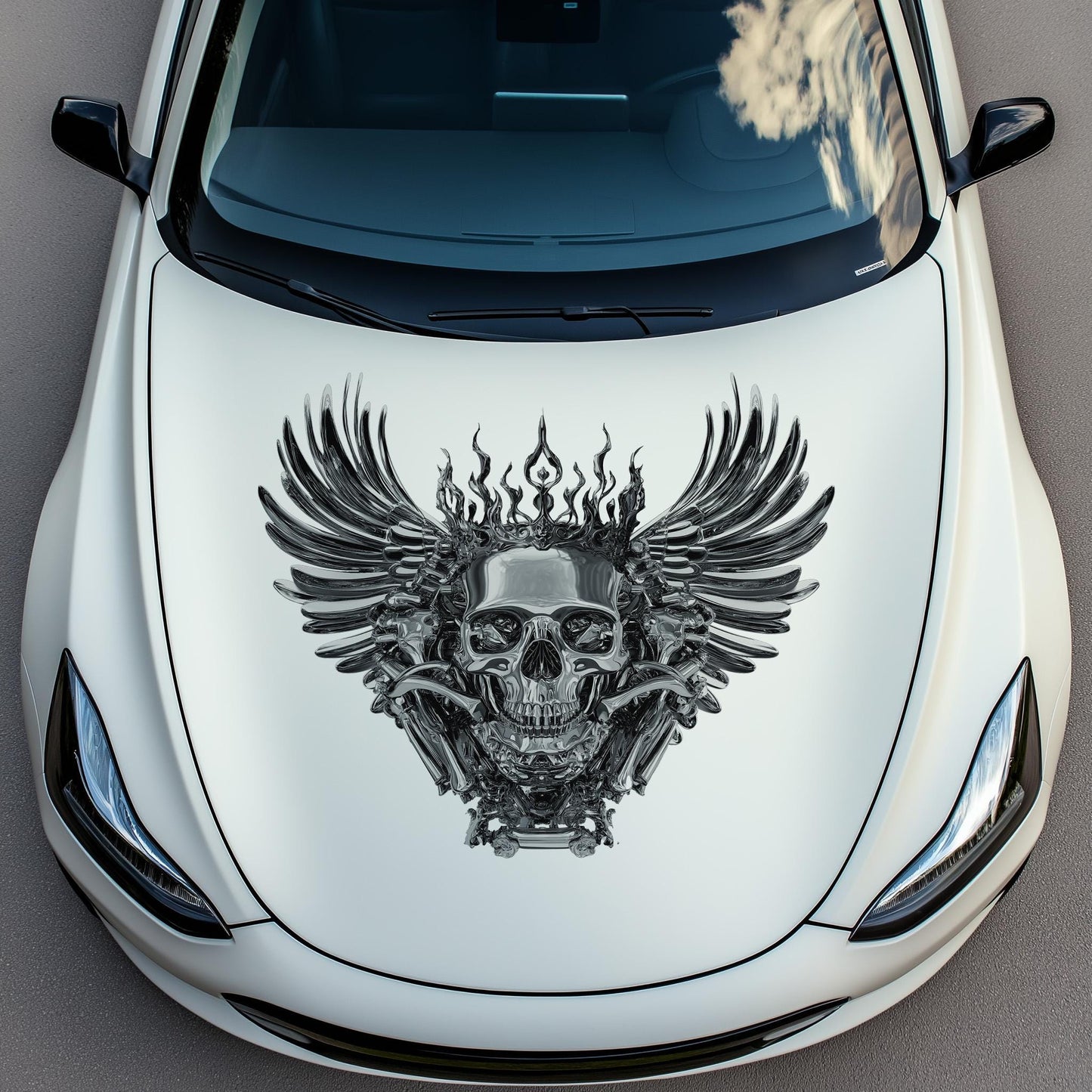 Dark Skull Hood Decal, Chrome Tones Hood Decor, Sugar Skull Art Car Sticker, Gothic Skull Hood Art Gift