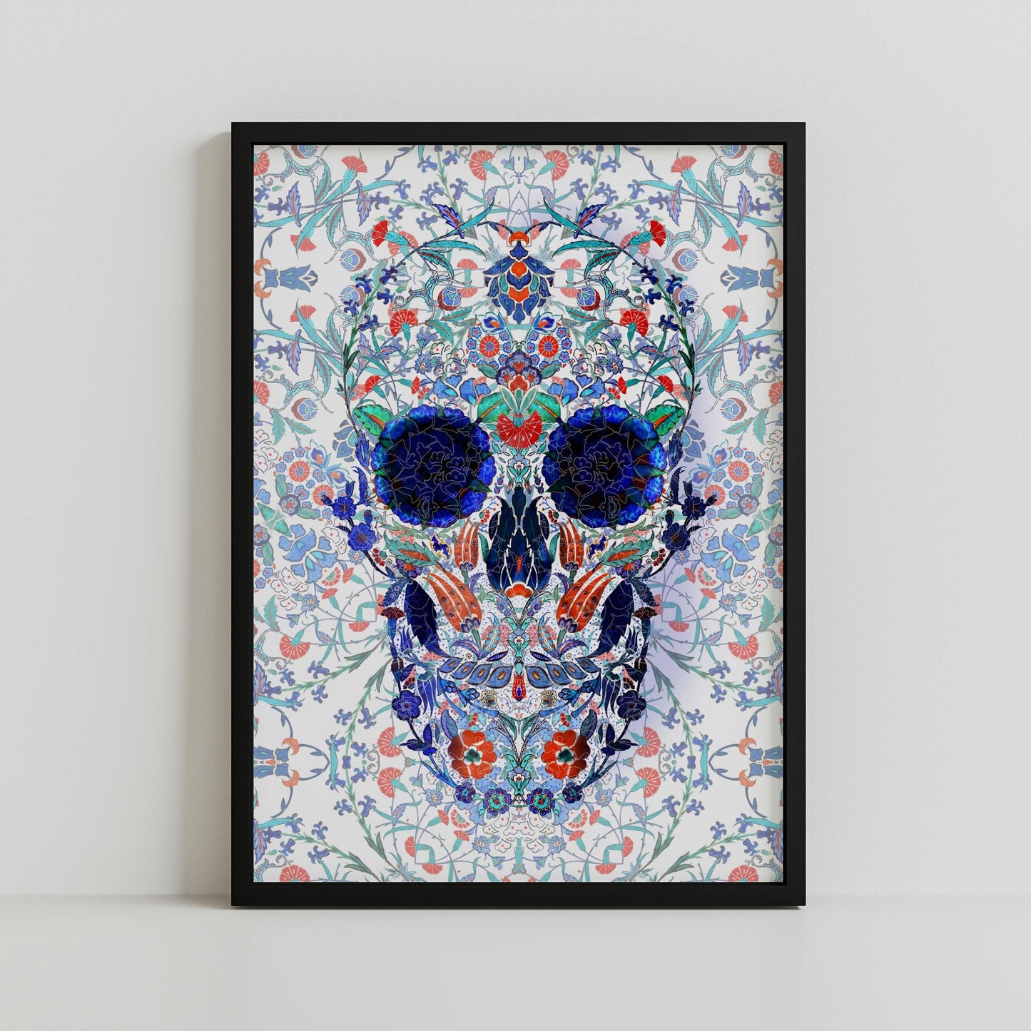 Traditional Tile Skull Print - Blue and White Skull Art - Ceramic Inspired Wall Decor - Gothic Patterned Skull - Canvas & Framed Poster