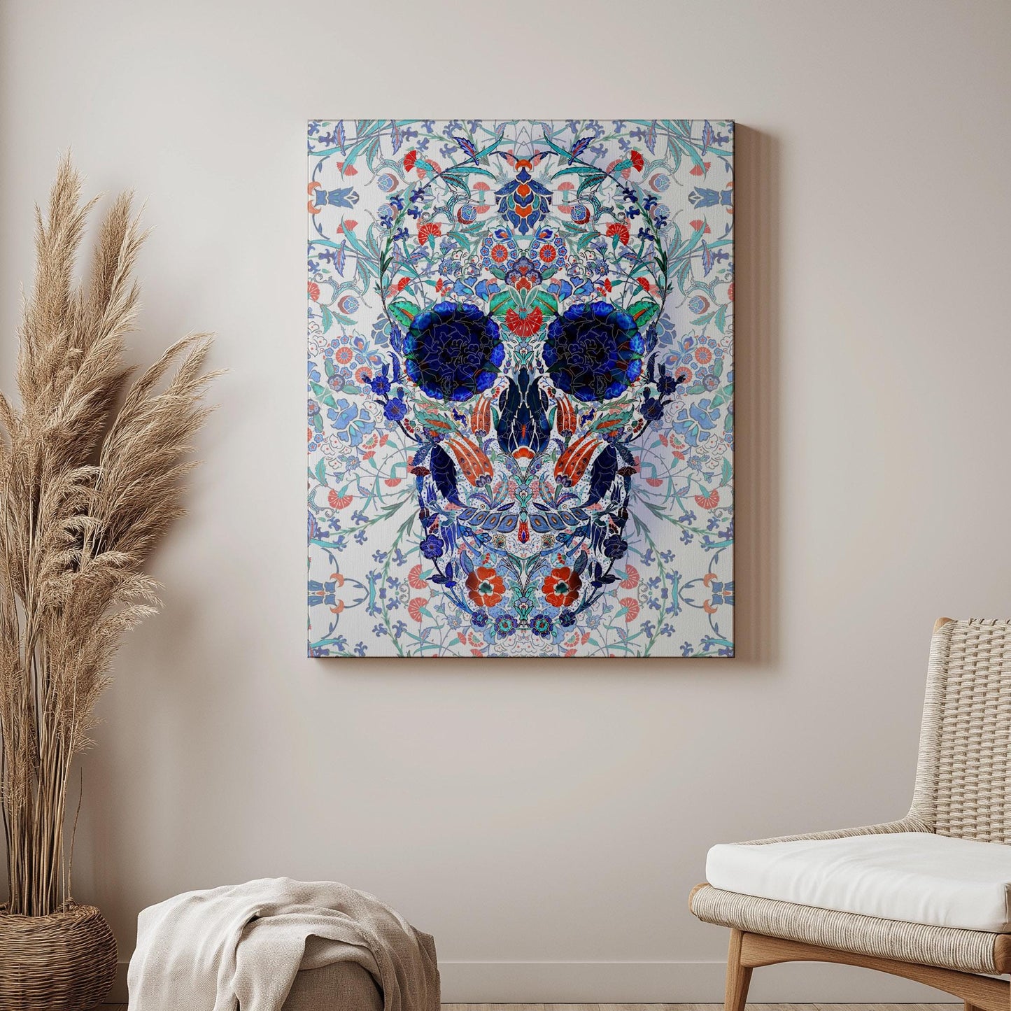 Traditional Tile Skull Print - Blue and White Skull Art - Ceramic Inspired Wall Decor - Gothic Patterned Skull - Canvas & Framed Poster