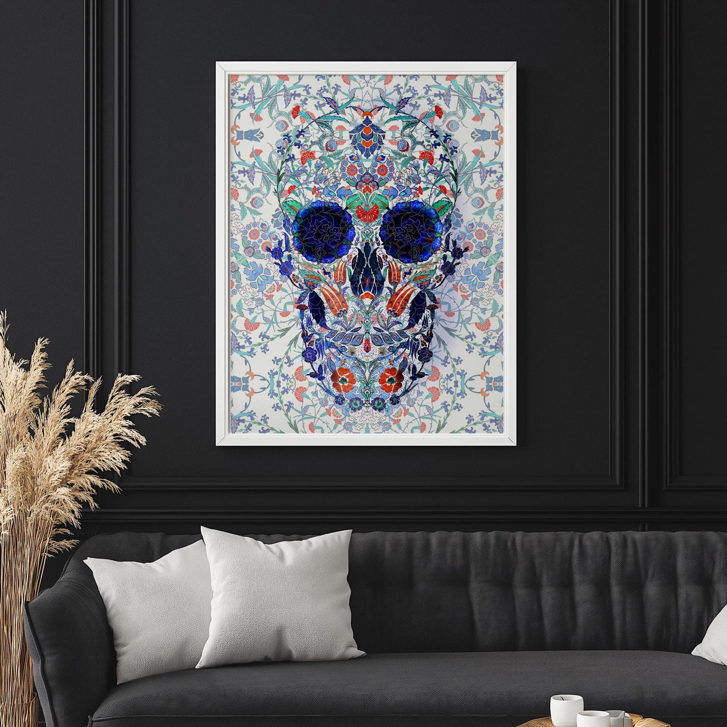 Traditional Tile Skull Print - Blue and White Skull Art - Ceramic Inspired Wall Decor - Gothic Patterned Skull - Canvas & Framed Poster