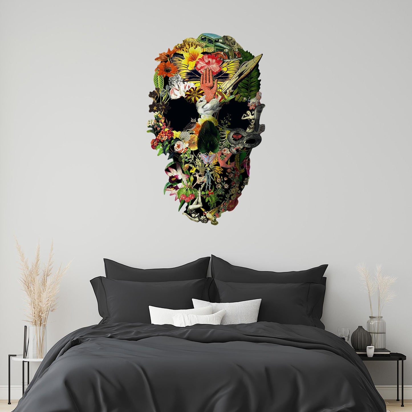 Large Size Wall Decal, Skull Wall Sticker, Floral Skull Wall Art Decor, Skull Art Gift