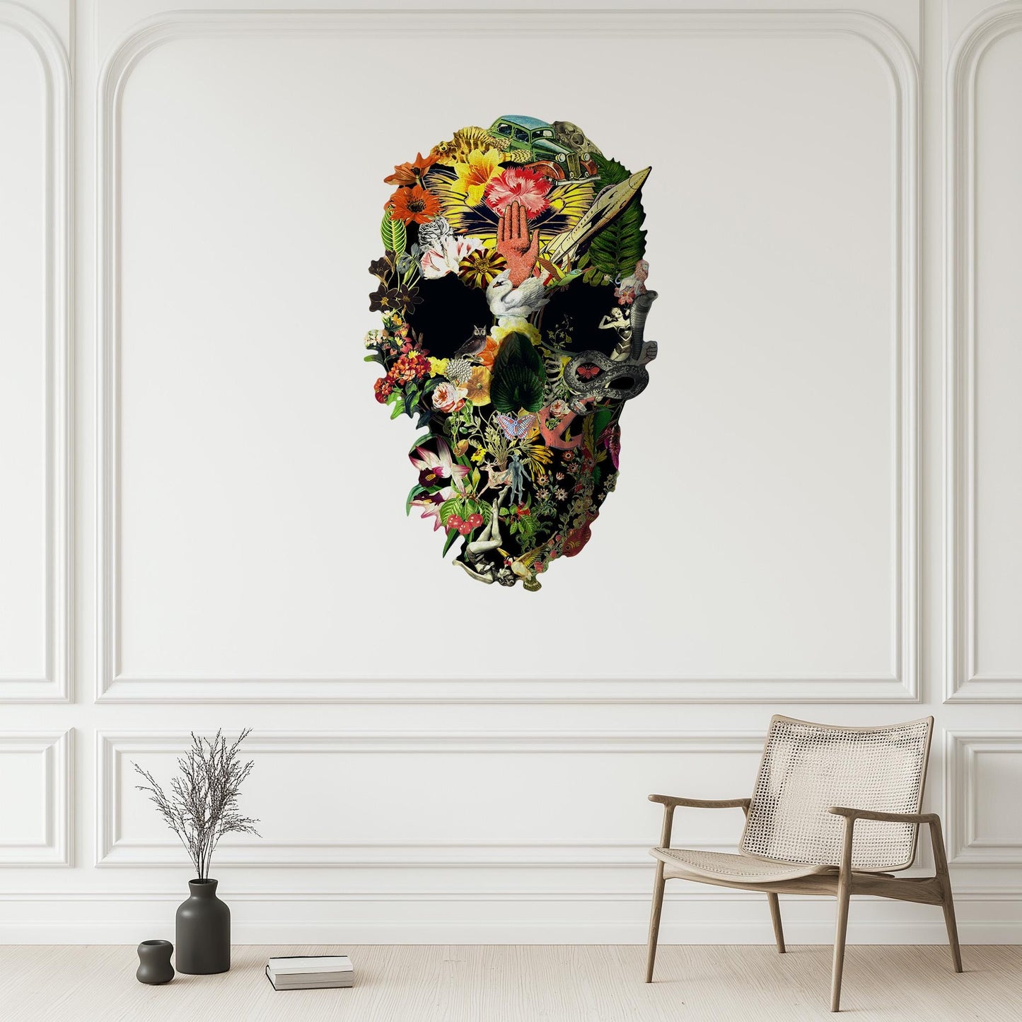 Large Size Wall Decal, Skull Wall Sticker, Floral Skull Wall Art Decor, Skull Art Gift