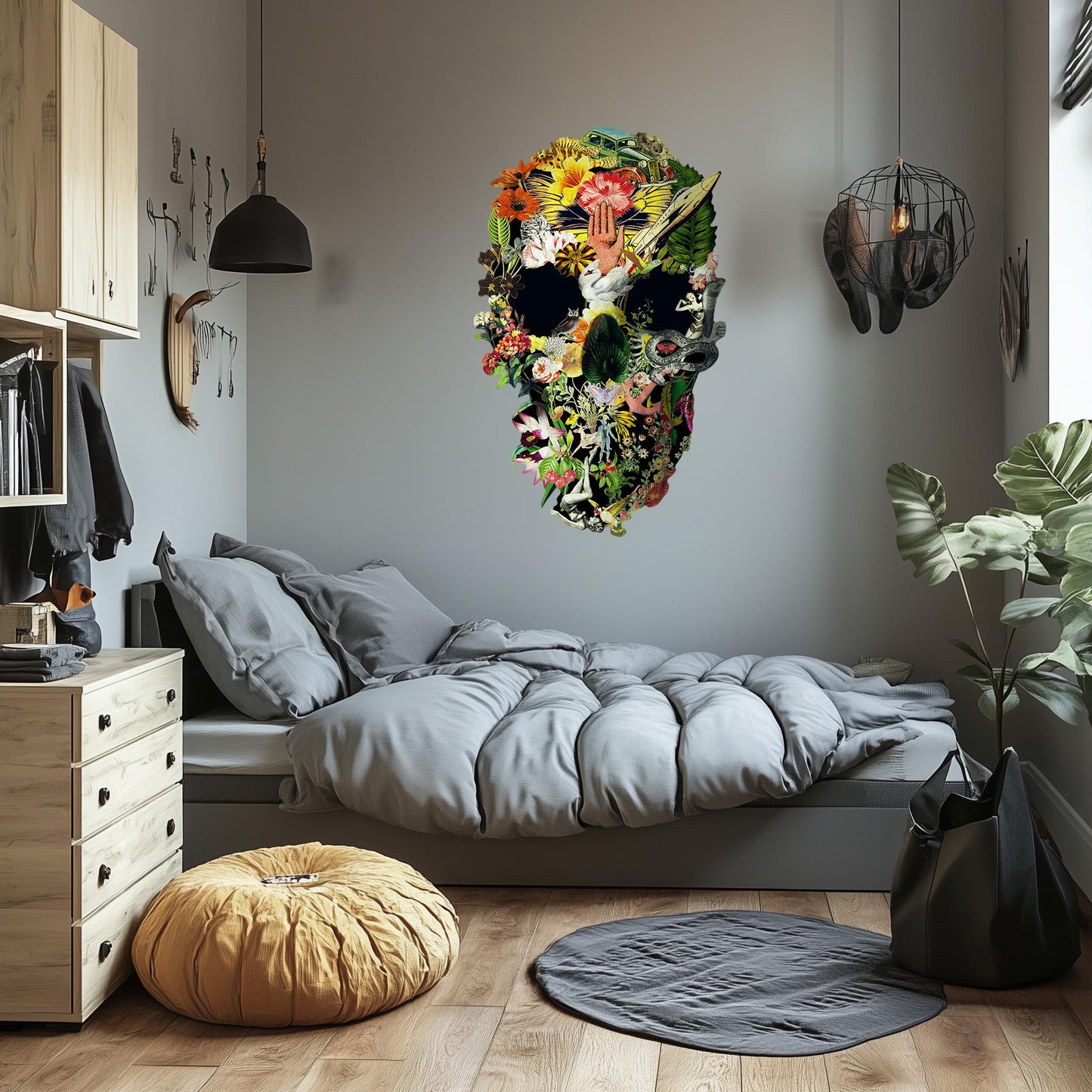 Large Size Wall Decal, Skull Wall Sticker, Floral Skull Wall Art Decor, Skull Art Gift