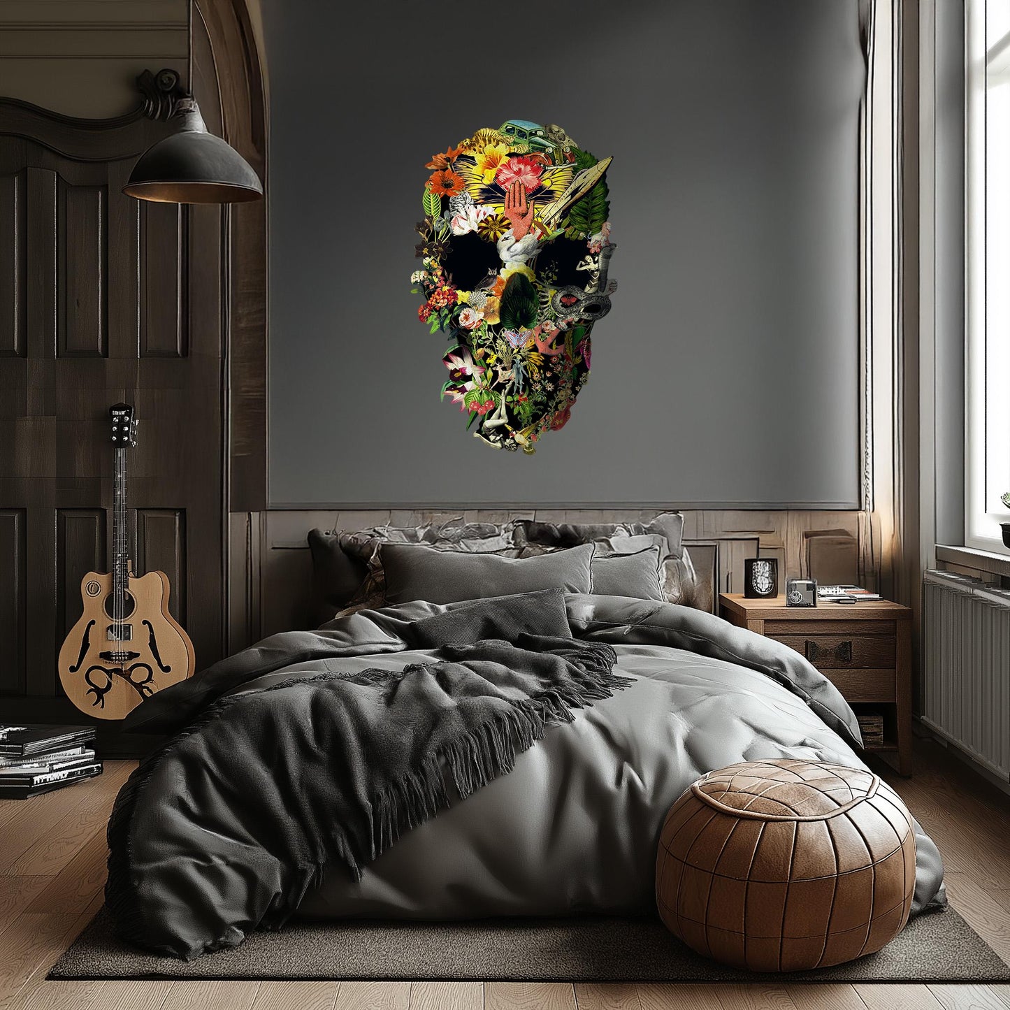 Large Size Wall Decal, Skull Wall Sticker, Floral Skull Wall Art Decor, Skull Art Gift