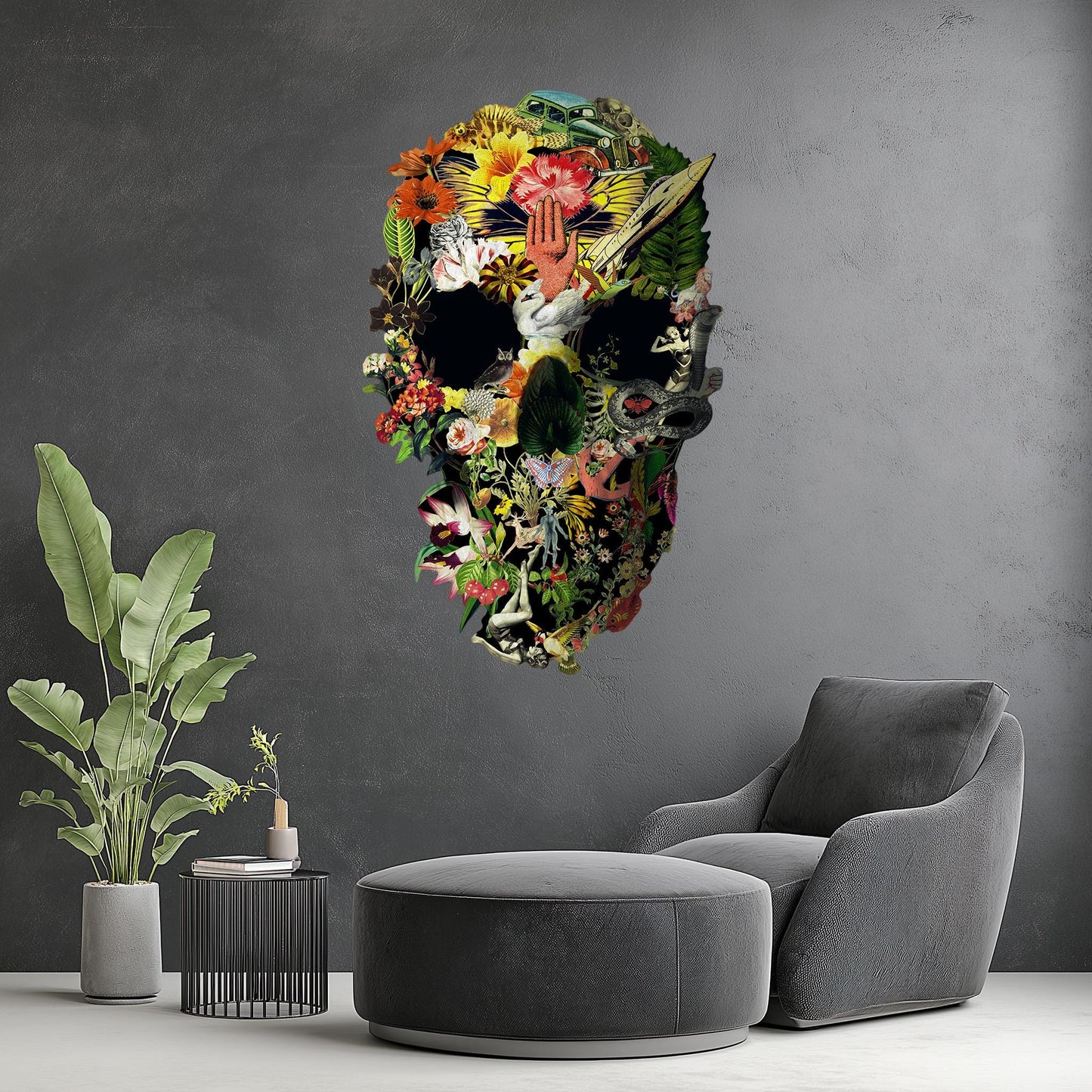 Large Size Wall Decal, Skull Wall Sticker, Floral Skull Wall Art Decor, Skull Art Gift