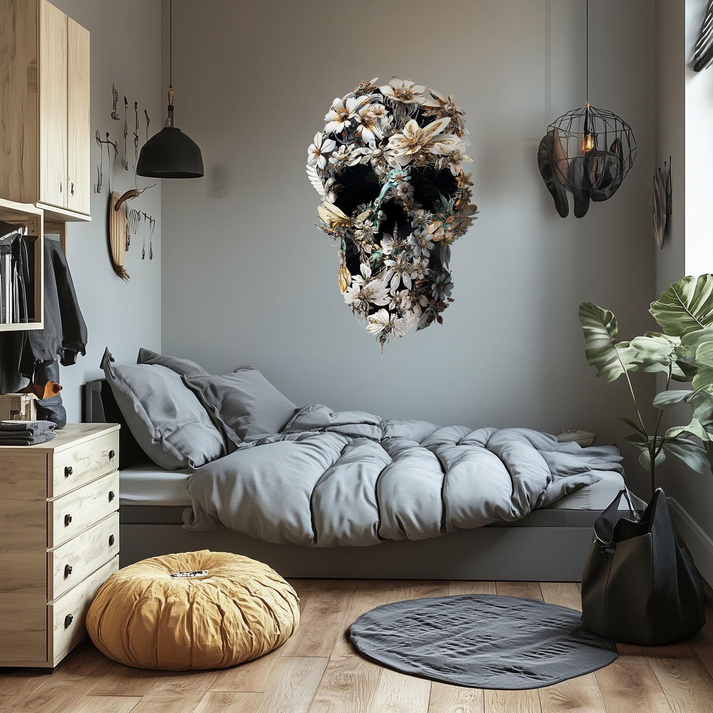 Large Skull Wall Decal, Floral Skull Wall Sticker, Large Gothic Wall Art Gift