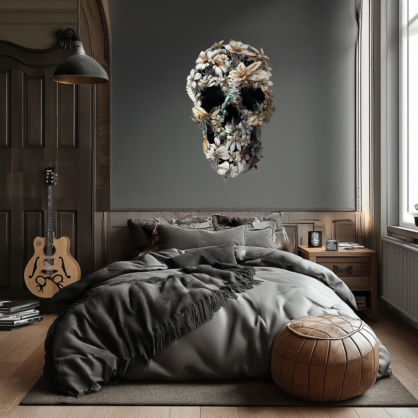 Large Skull Wall Decal, Floral Skull Wall Sticker, Large Gothic Wall Art Gift